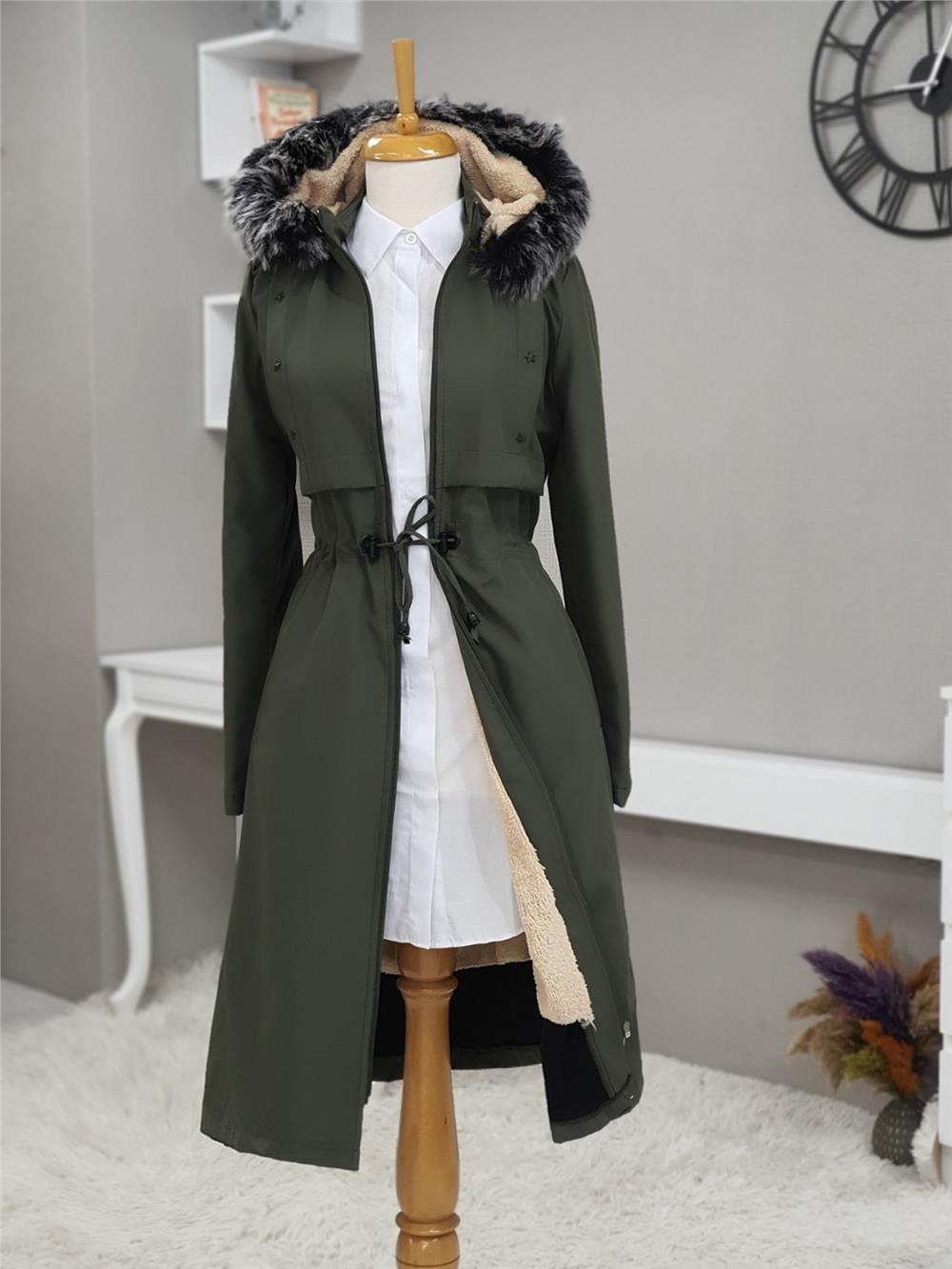 Metal Yıldız Detaylı Kapşonlu Uzun Kaban -Khaki-192-2139-R05