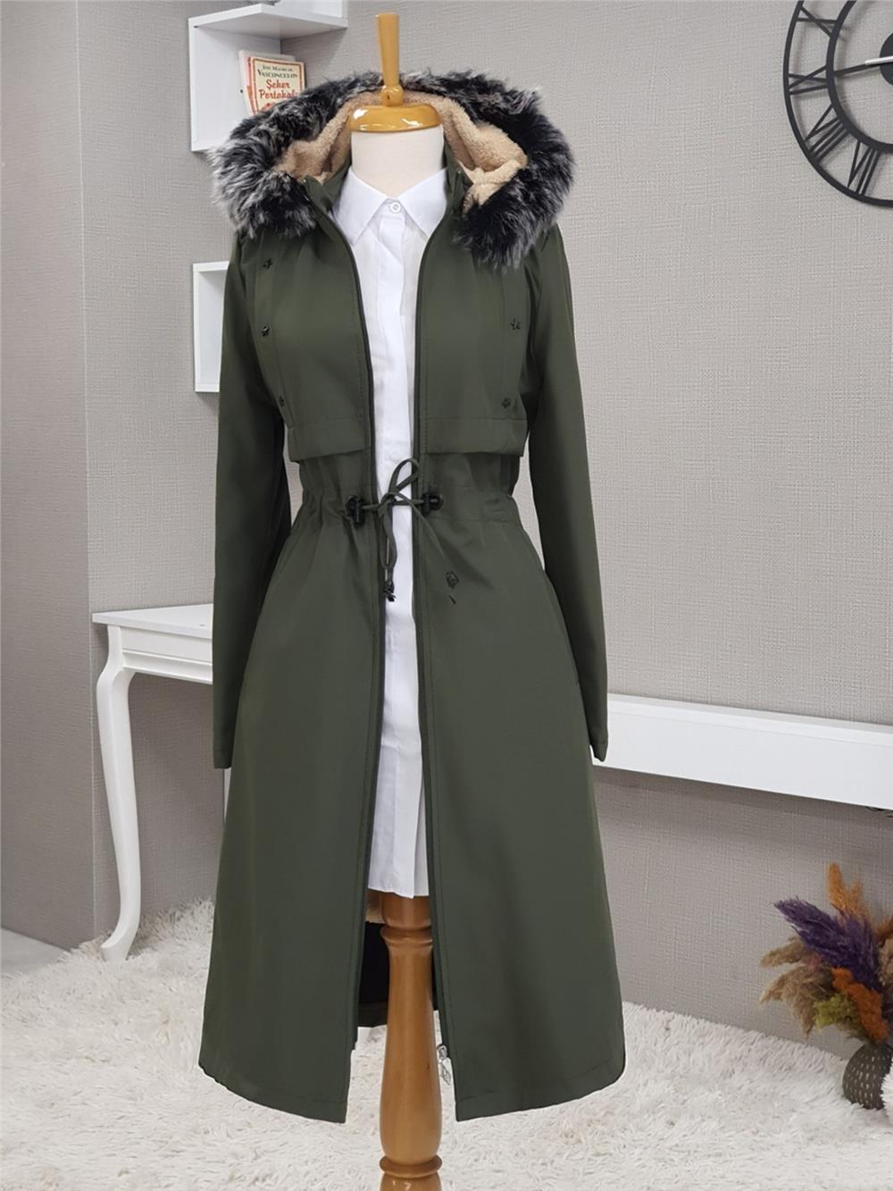 Metal Yıldız Detaylı Kapşonlu Uzun Kaban -Khaki-192-2139-R05