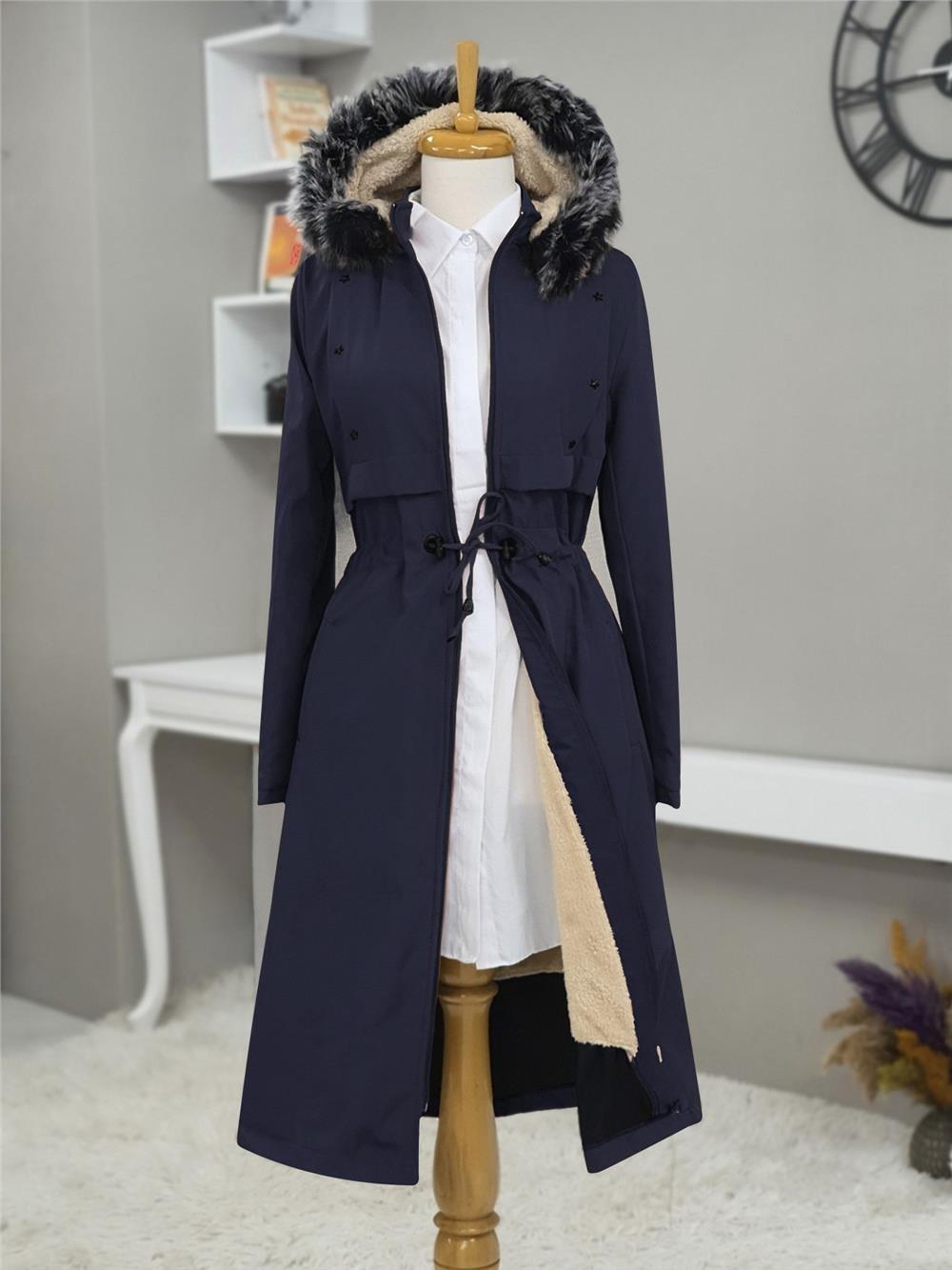 Metal Yıldız Detaylı Kapşonlu Uzun Kaban  -Navy Blue-192-2139-R03
