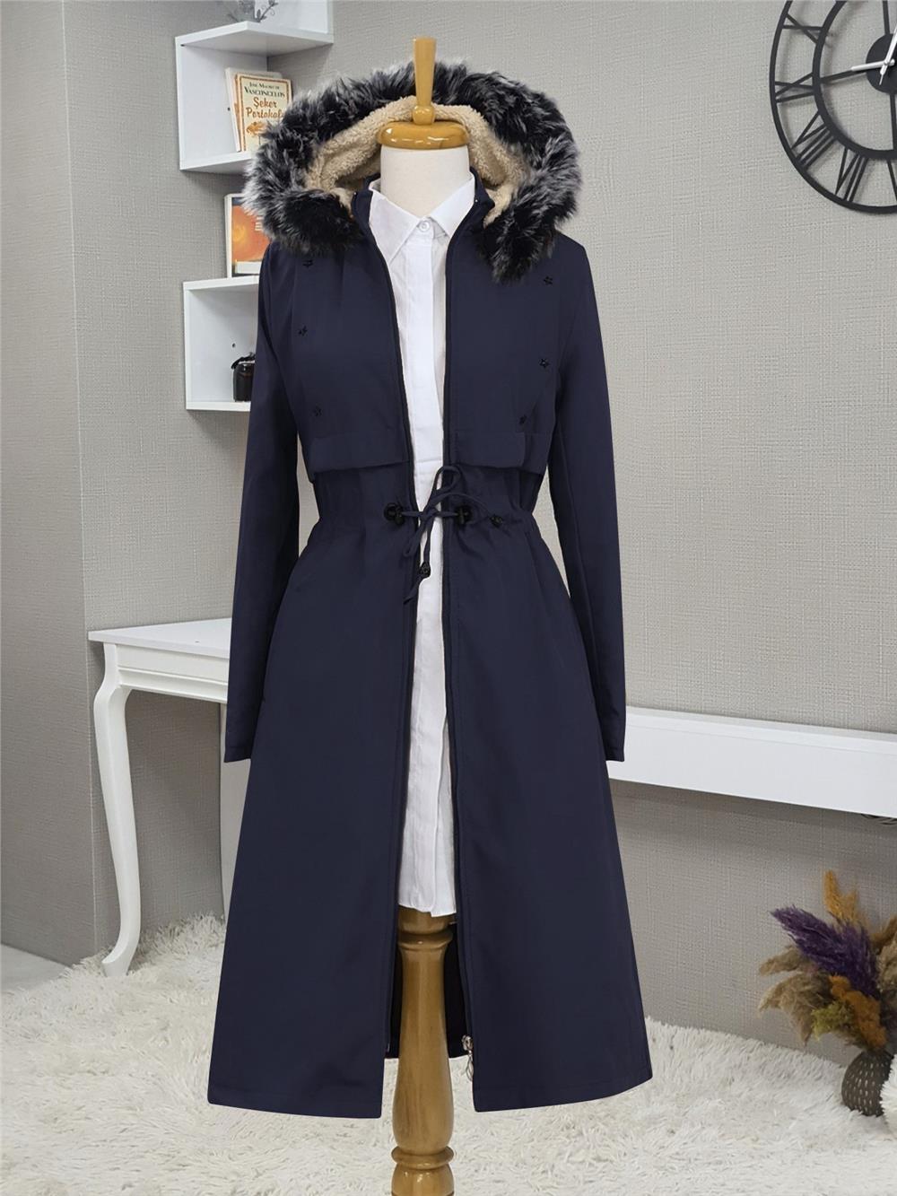 Metal Yıldız Detaylı Kapşonlu Uzun Kaban  -Navy Blue-192-2139-R03