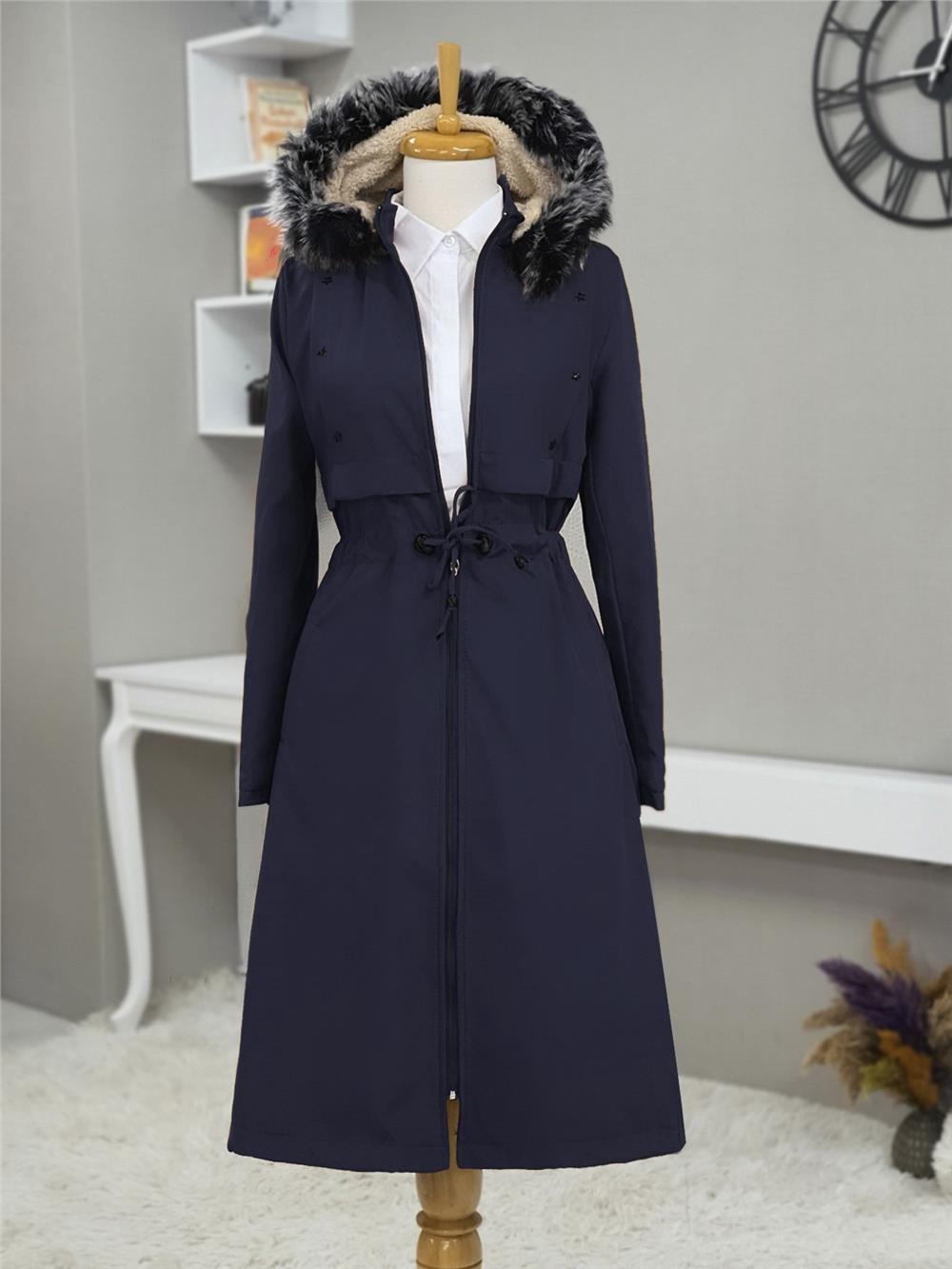 Metal Yıldız Detaylı Kapşonlu Uzun Kaban  -Navy Blue-192-2139-R03