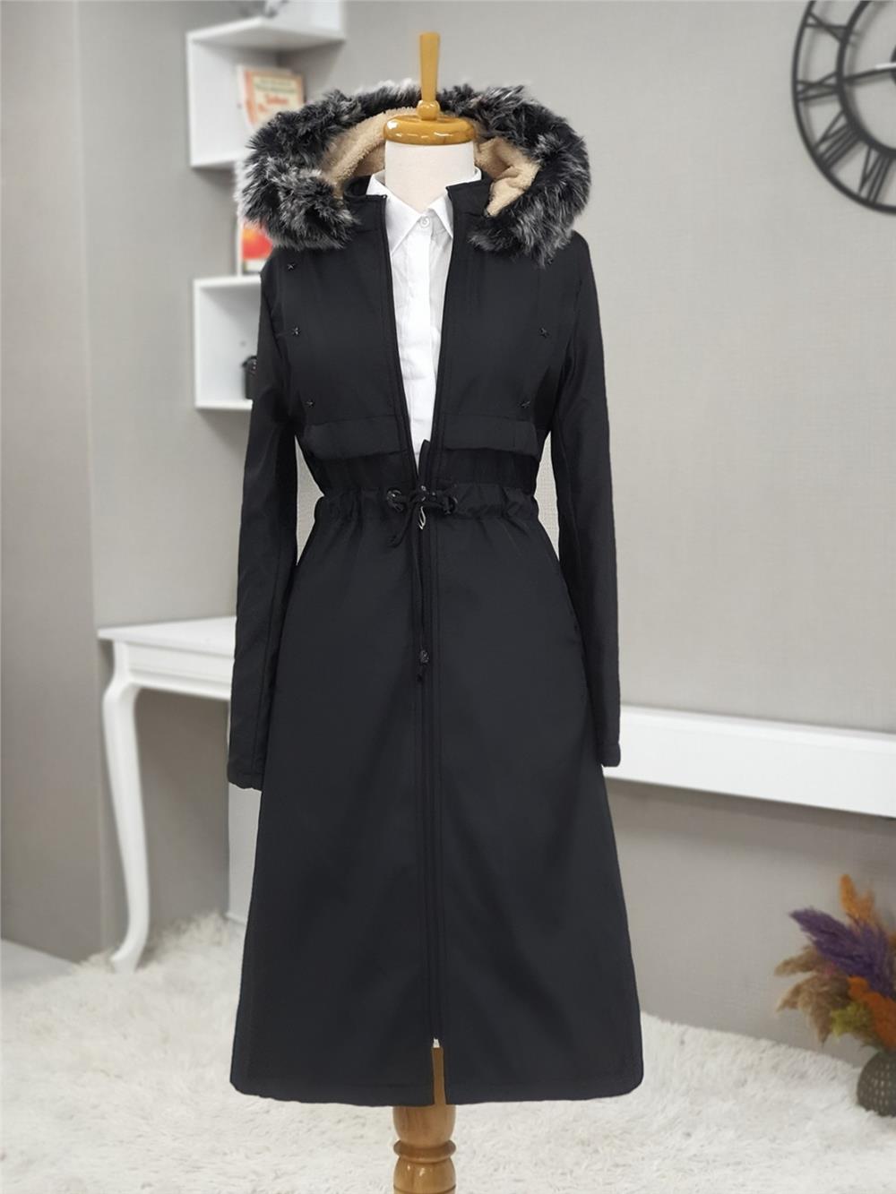 Metal Yıldız Detaylı Kapşonlu Uzun Kaban -Black-192-2139-R01