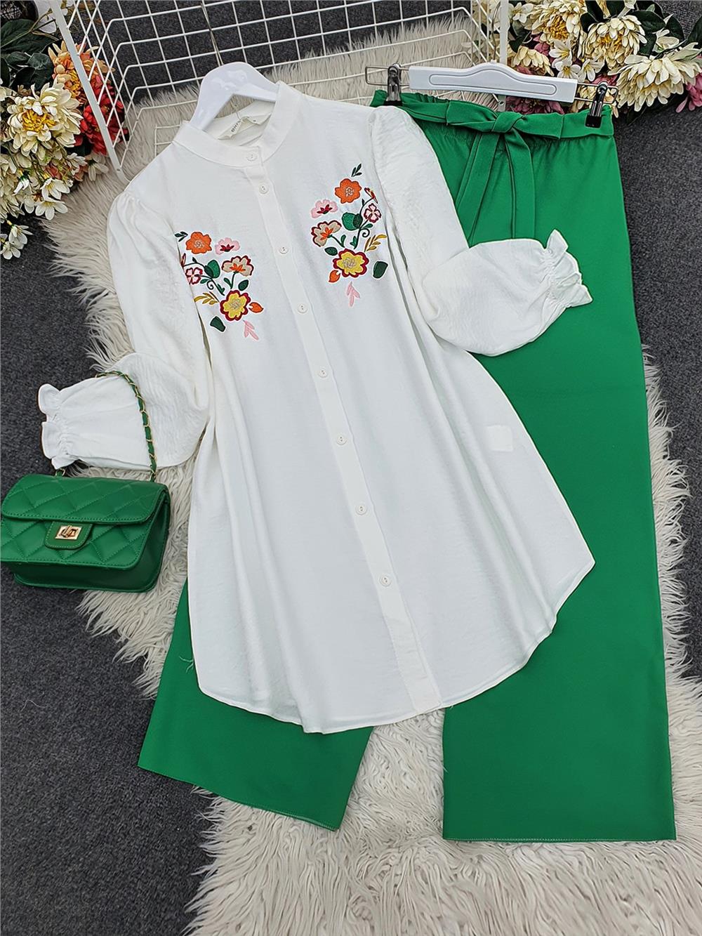 Embroidery Detailed Collar Sleeve Elastic Linen Shirt - Ecru-238-2183-R07