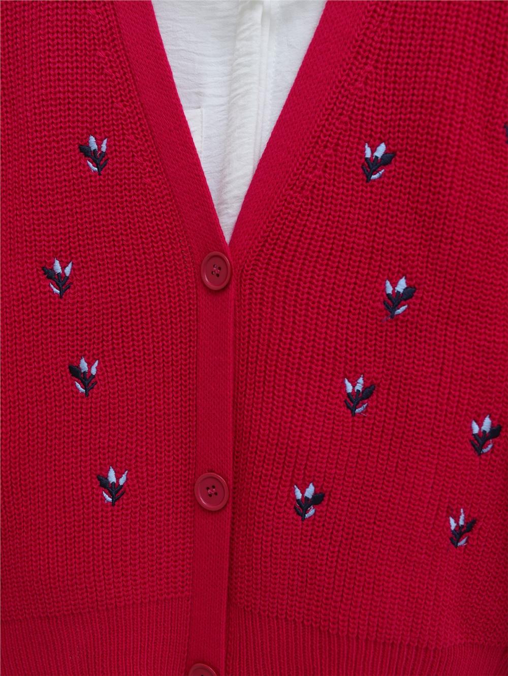 Embroidered Three-Button Waist Length Cardigan - Fuchsia-109-0540-R14