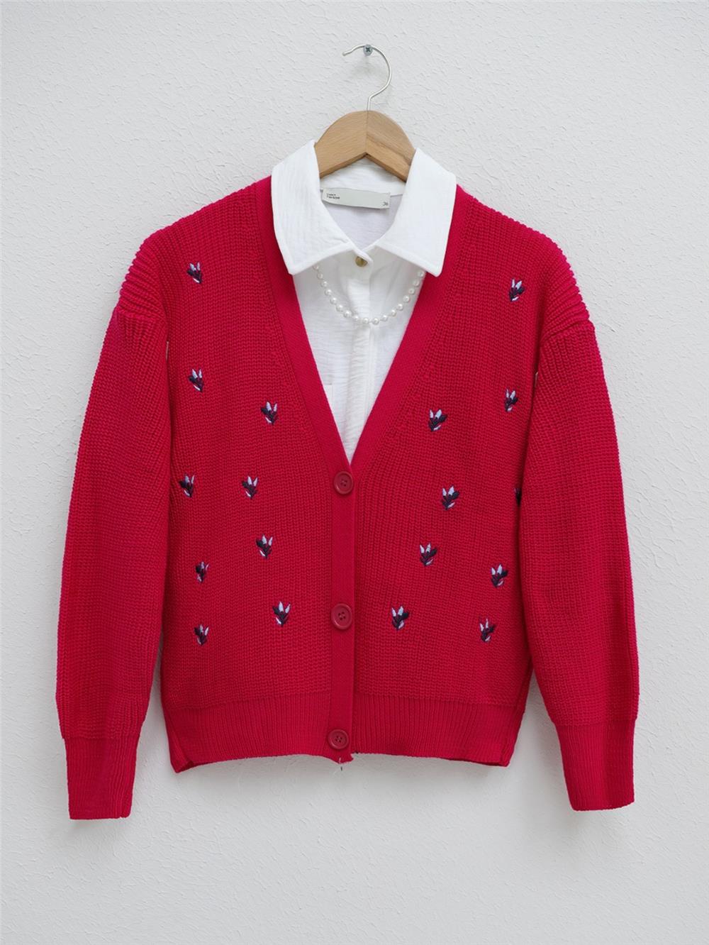 Embroidered Three-Button Waist Length Cardigan - Fuchsia-109-0540-R14