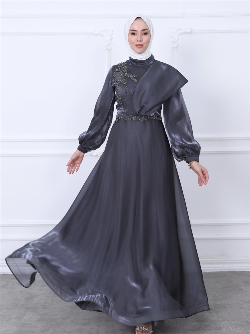Embroidered Waist High Collar Tulle Long Evening Dress -Smoked-311-4185-R18