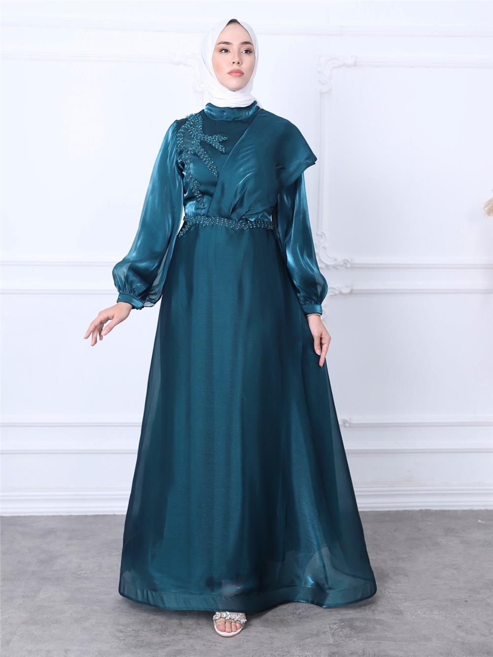 Embroidered Waist High Collar Tulle Long Evening Dress -Emerald-311-4185-R17
