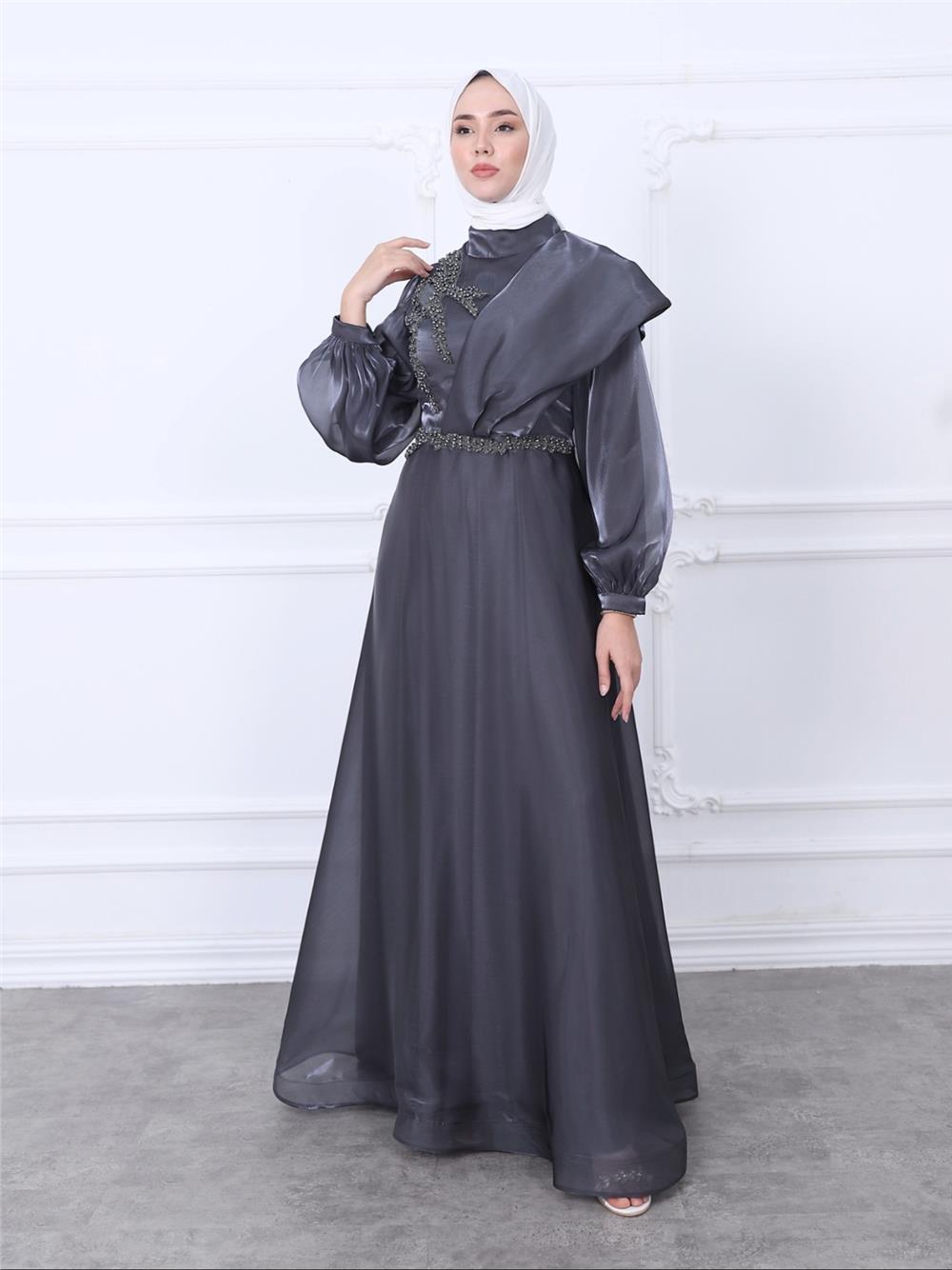 Embroidered Waist High Collar Tulle Long Evening Dress -Smoked-311-4185-R18