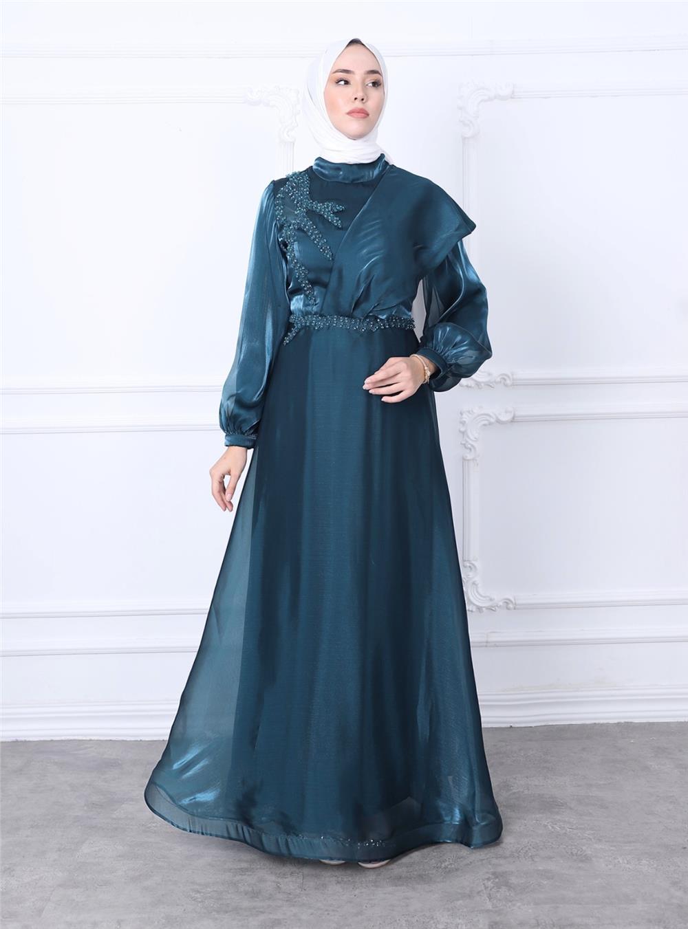 Embroidered Waist High Collar Tulle Long Evening Dress -Emerald-311-4185-R17