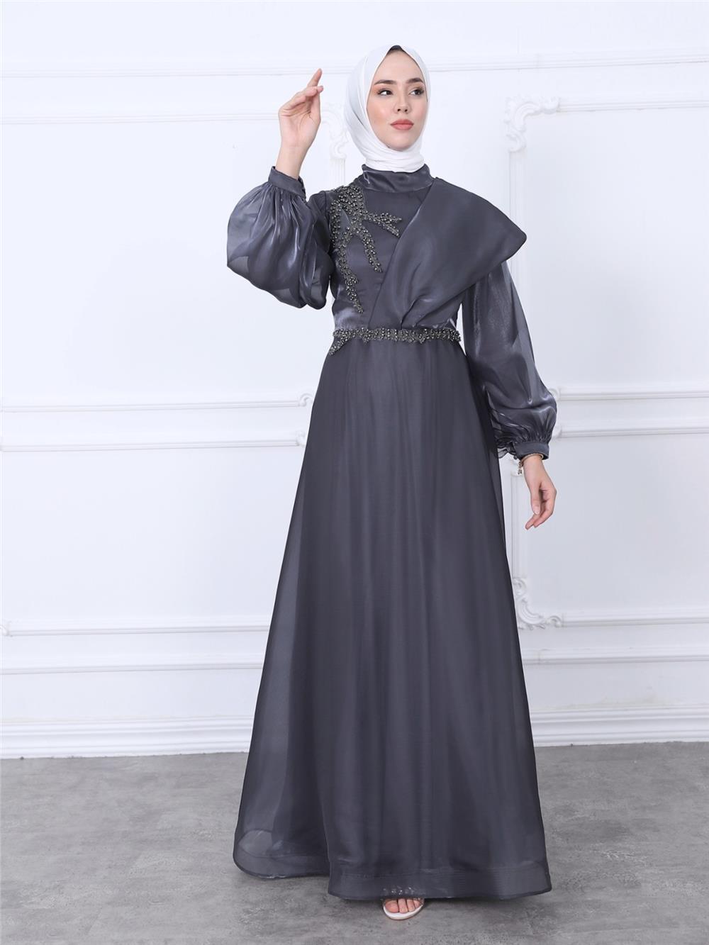 Embroidered Waist High Collar Tulle Long Evening Dress -Smoked-311-4185-R18