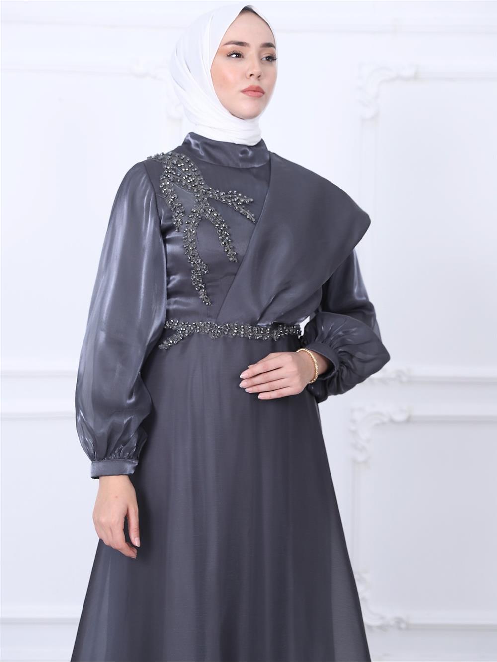 Embroidered Waist High Collar Tulle Long Evening Dress -Smoked-311-4185-R18