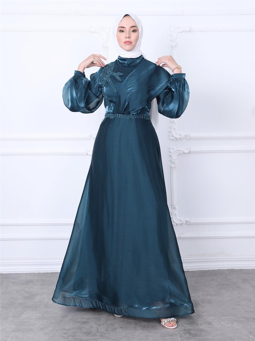 Embroidered Waist High Collar Tulle Long Evening Dress -Emerald-311-4185-R17