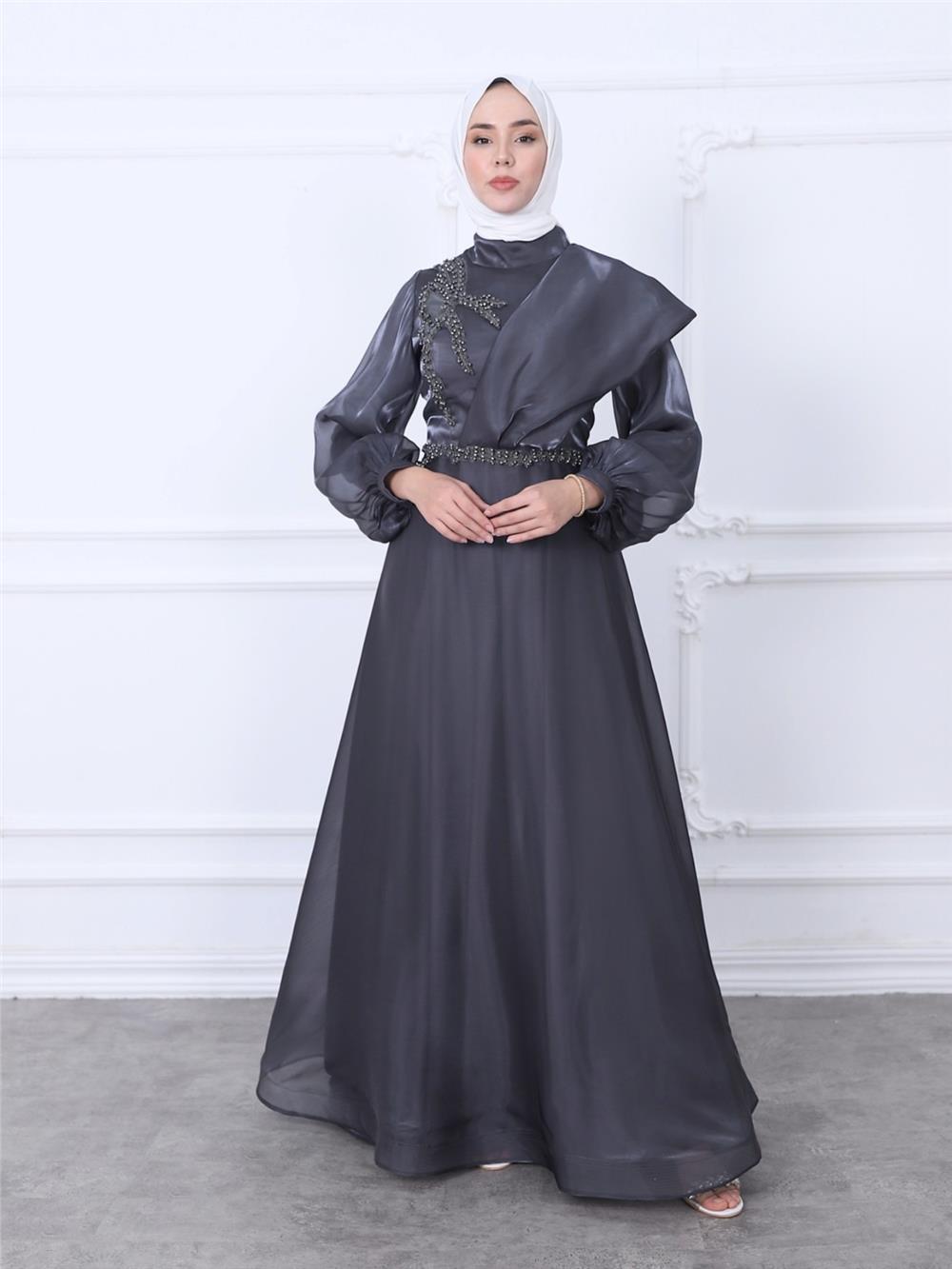 Embroidered Waist High Collar Tulle Long Evening Dress -Smoked-311-4185-R18