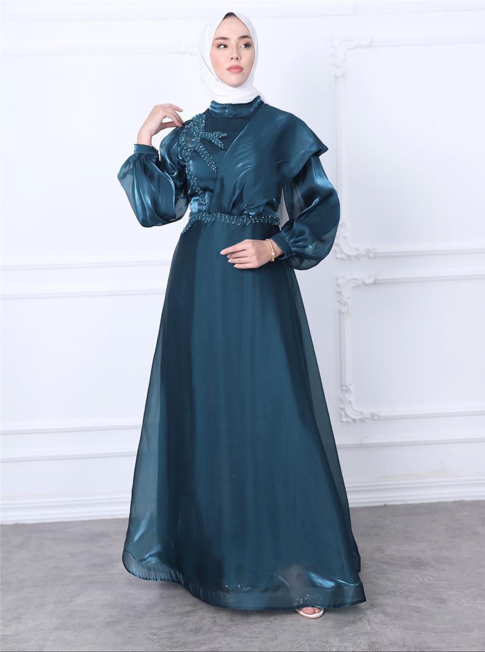 Embroidered Waist High Collar Tulle Long Evening Dress -Emerald-311-4185-R17