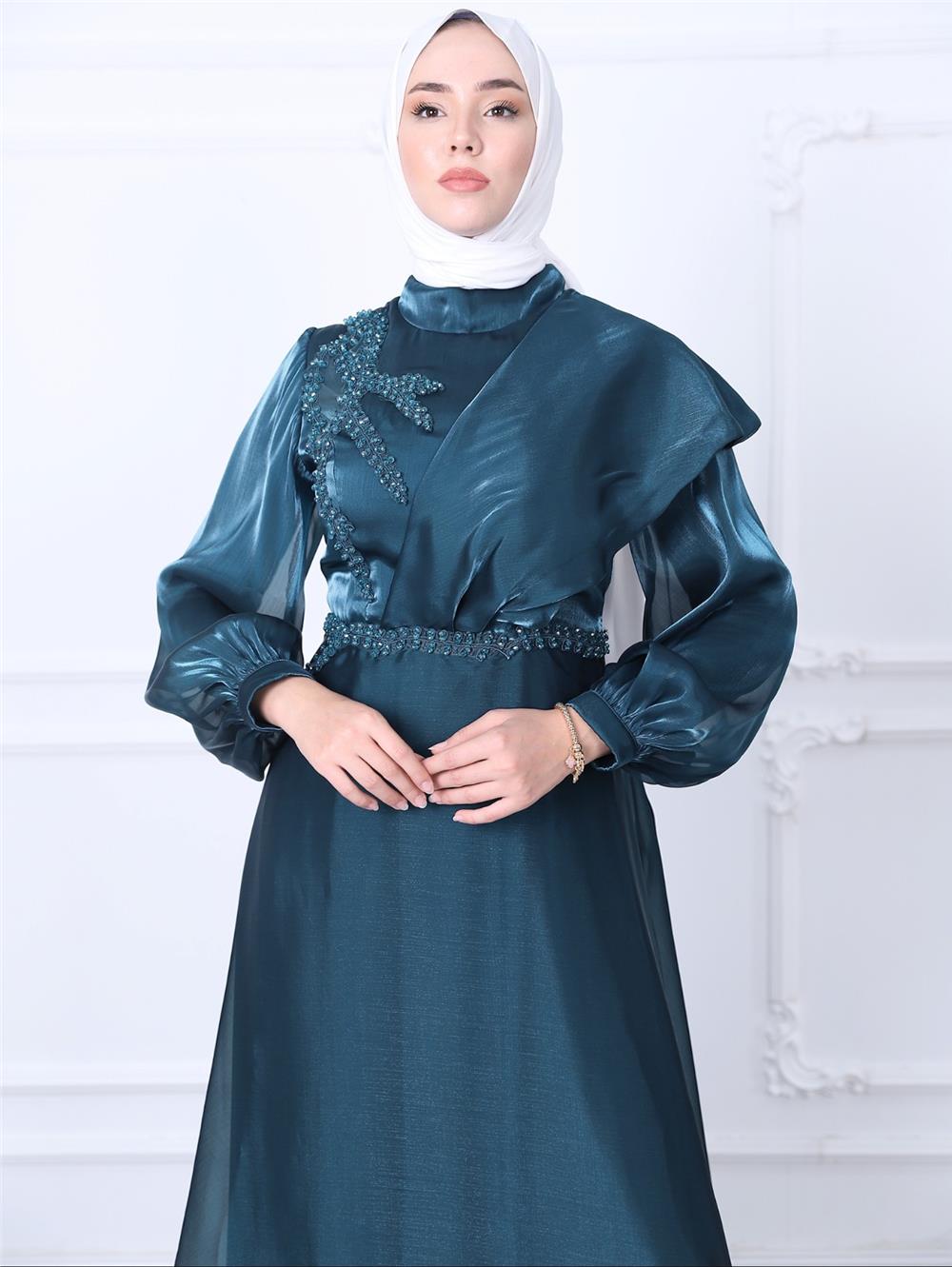 Embroidered Waist High Collar Tulle Long Evening Dress -Emerald-311-4185-R17