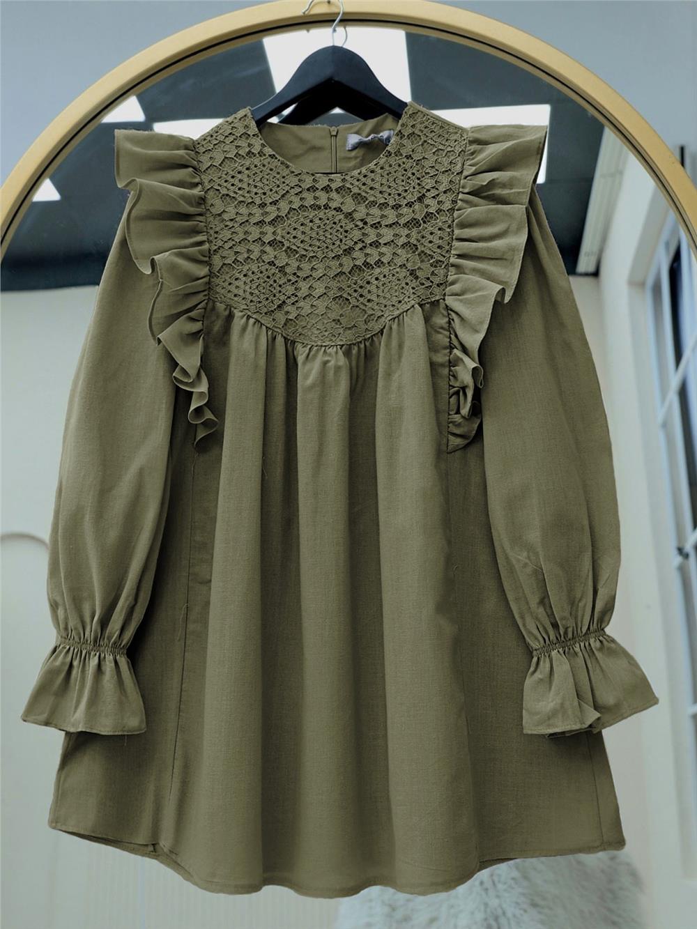 Omuz Fırfırlı Robası Dantel İşlemeli Poplin Tunik     -Kamuflaj-307-2044-R39