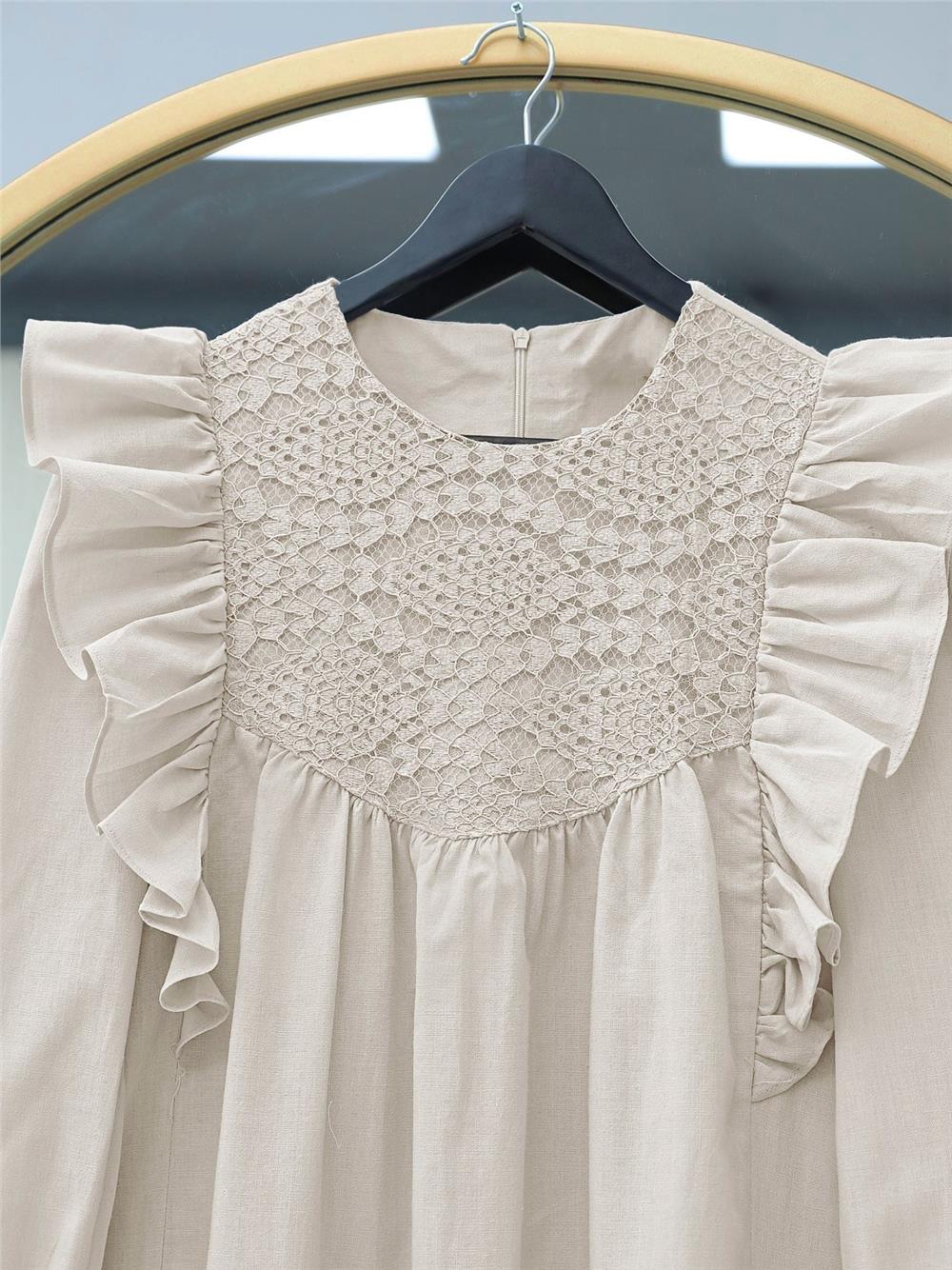 Omuz Fırfırlı Robası Dantel İşlemeli Poplin Tunik    -Taş-307-2044-R43