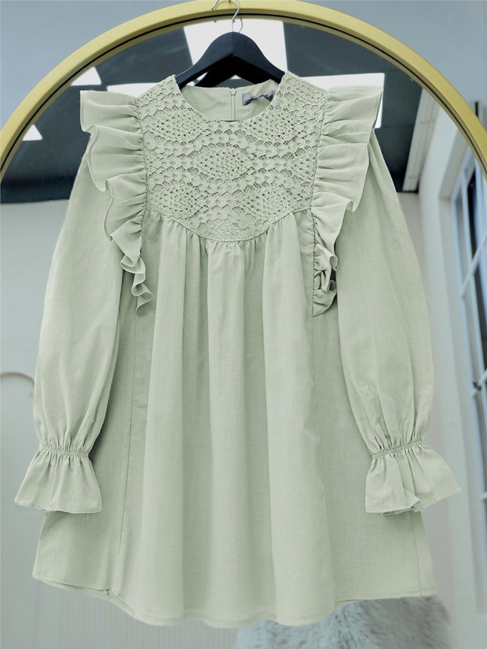 Omuz Fırfırlı Robası Dantel İşlemeli Poplin Tunik     -Su Yeşili-307-2044-R36