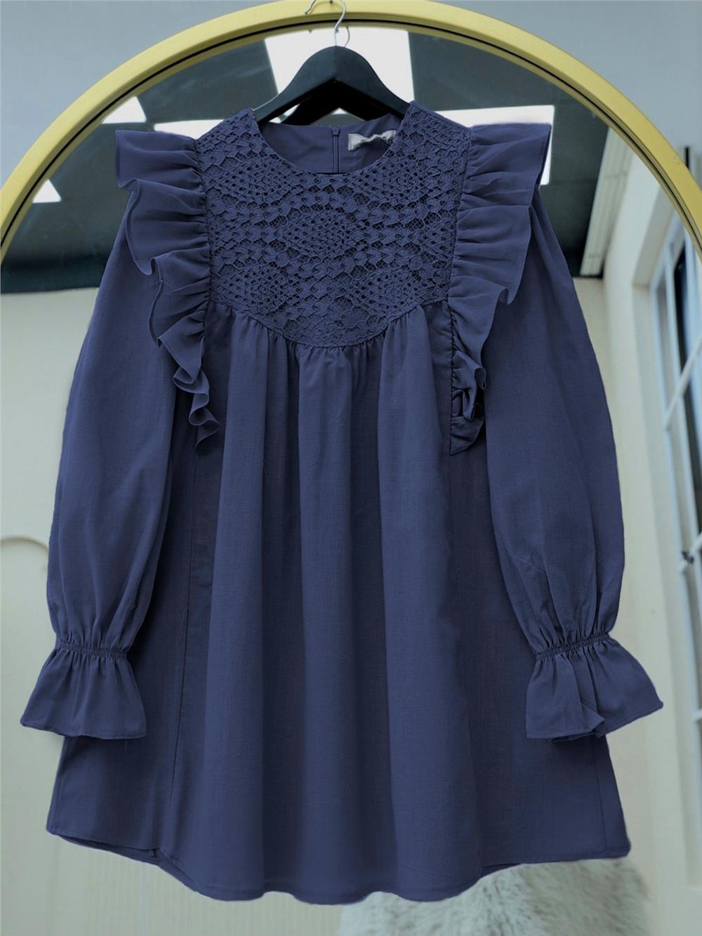 Omuz Fırfırlı Robası Dantel İşlemeli Poplin Tunik   -Laci-307-2044-R03
