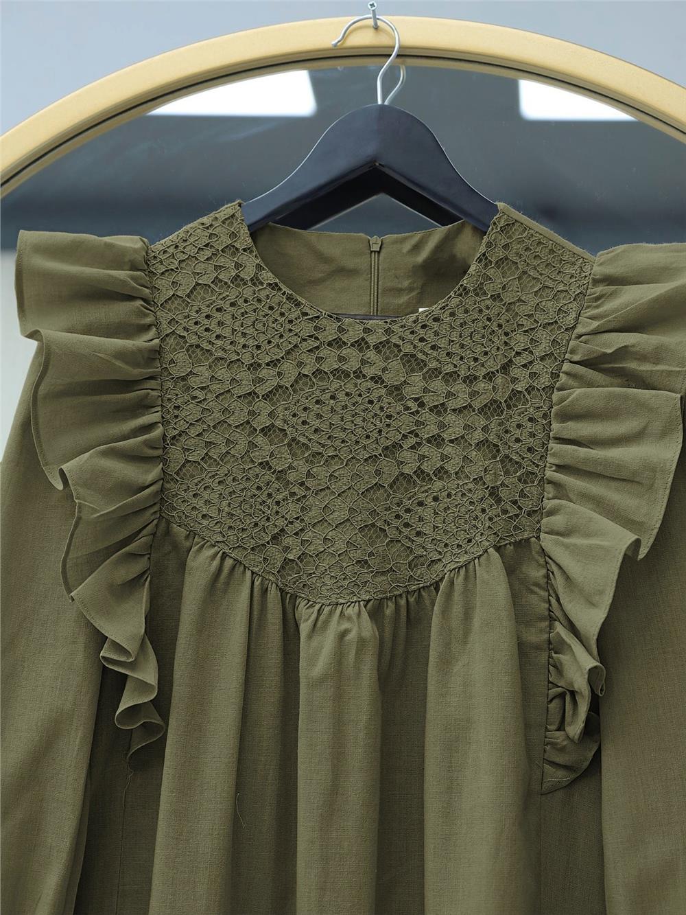Omuz Fırfırlı Robası Dantel İşlemeli Poplin Tunik     -Kamuflaj-307-2044-R39