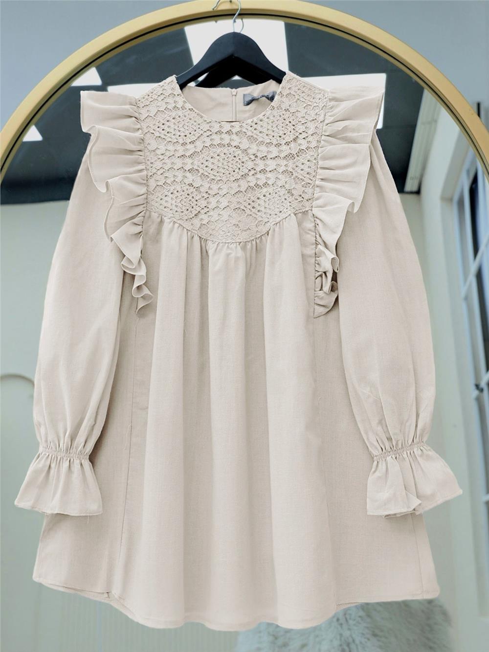 Omuz Fırfırlı Robası Dantel İşlemeli Poplin Tunik    -Taş-307-2044-R43