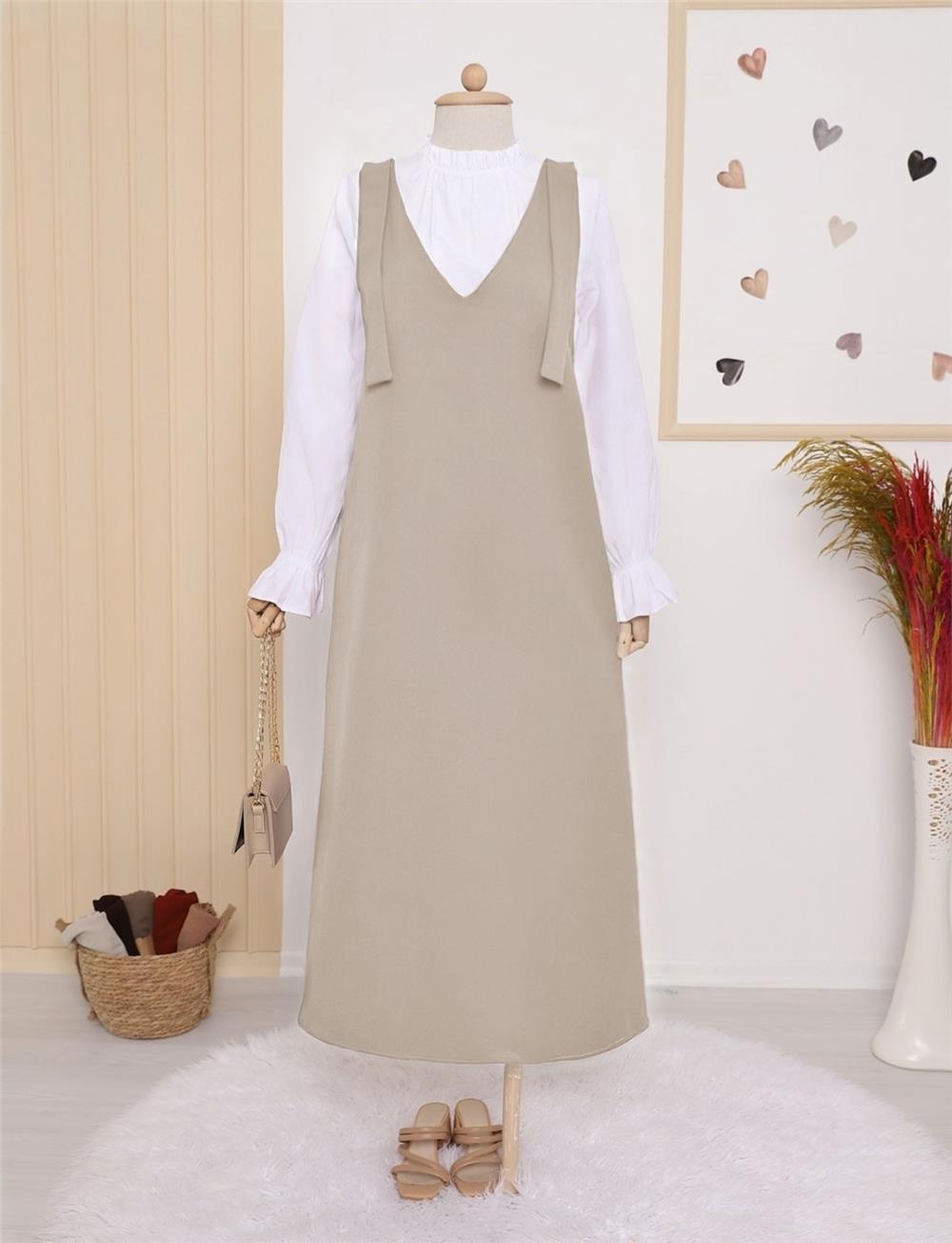Long Gilet with Tied Shoulders -Beige-111-60886-R56