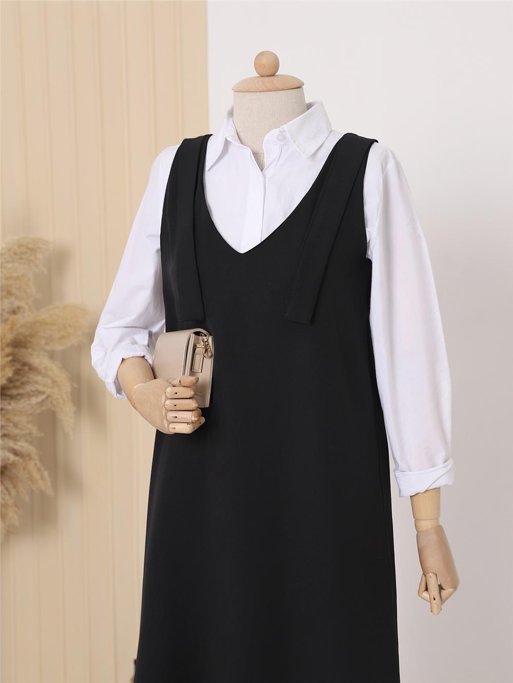 Long Gilet with Tied Shoulders -Black-111-60886-R01