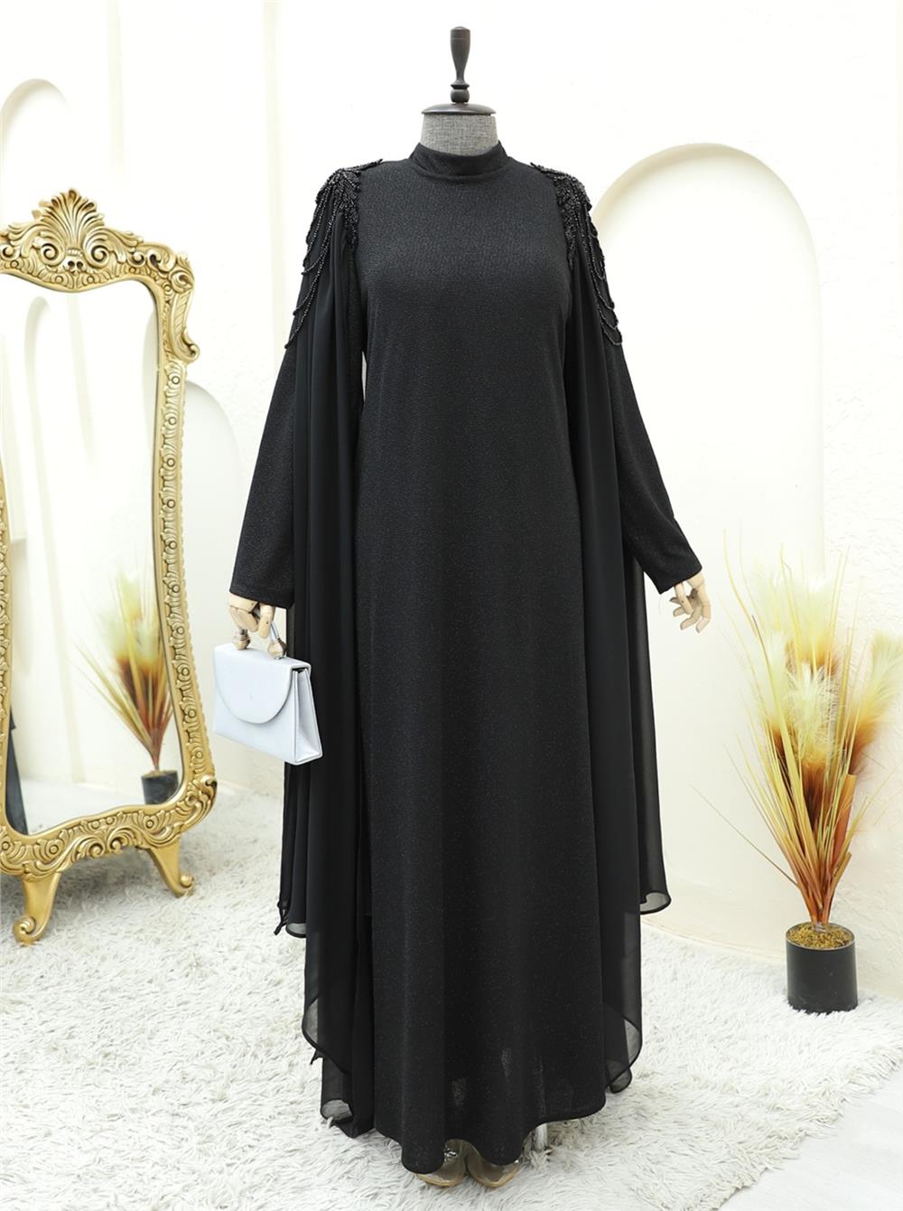 Omuzları Boncuklu Simli Prenses Abiye -Siyah-316-4624-R01