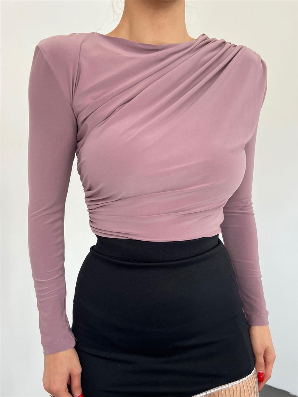 Pleated Shoulder Pleated Side Pleated Sandy Blouse -Mink Color-246-2563-R23