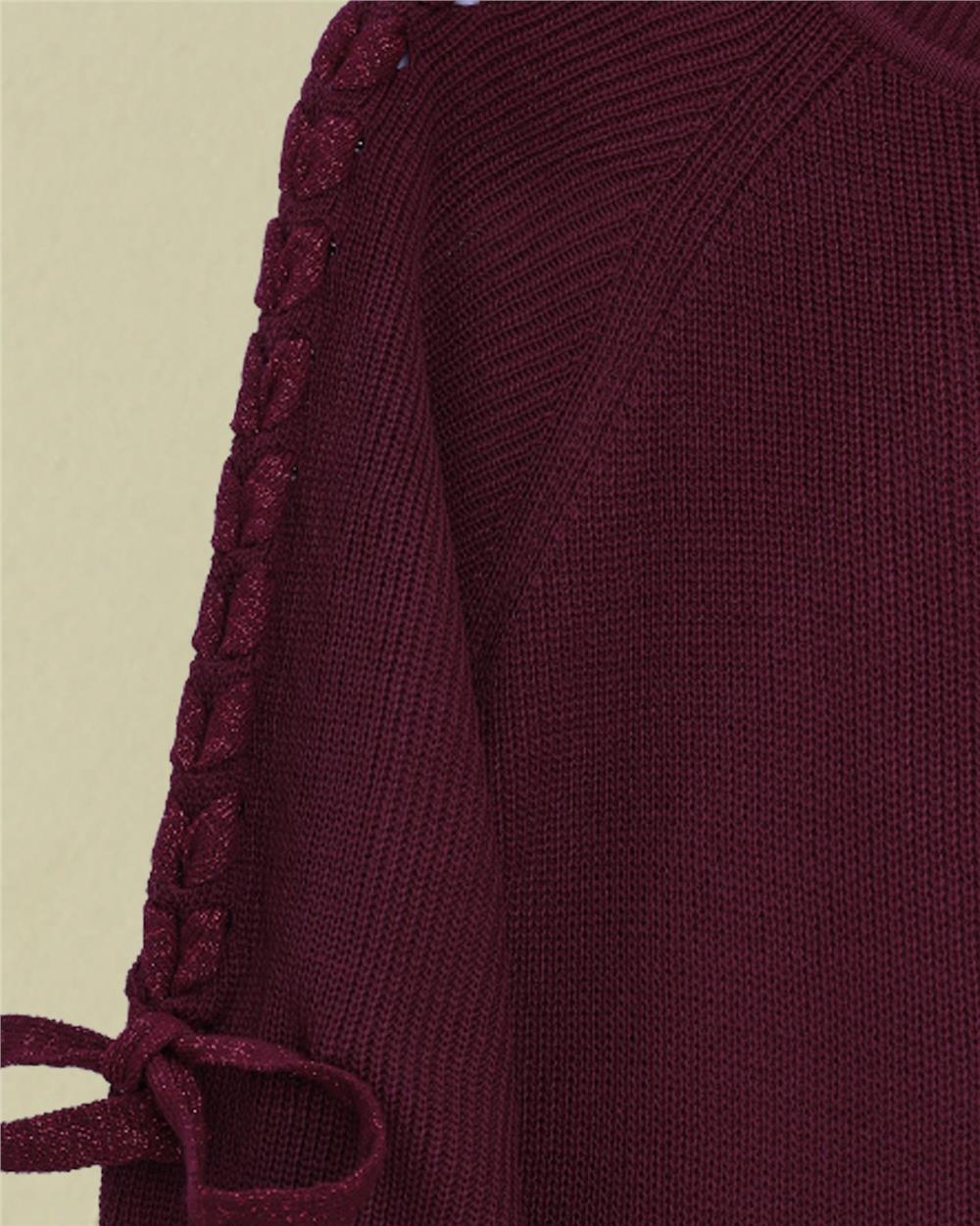 Omuzu Saç Örgülü Salaş Triko Tunik -Bordo-295-1281-R04