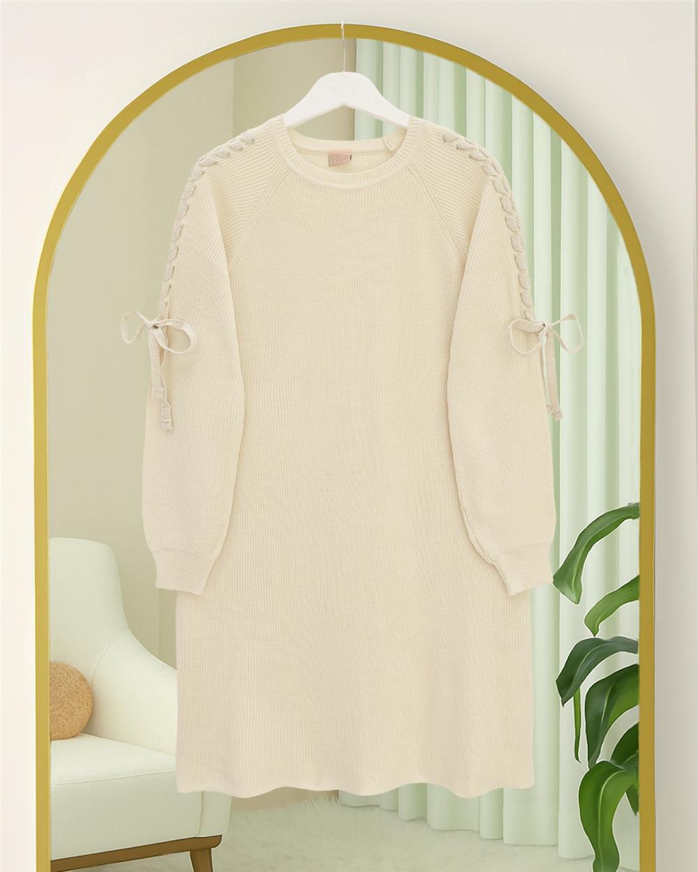 Omuzu Saç Örgülü Salaş Triko Tunik -Ekru-295-1281-R07