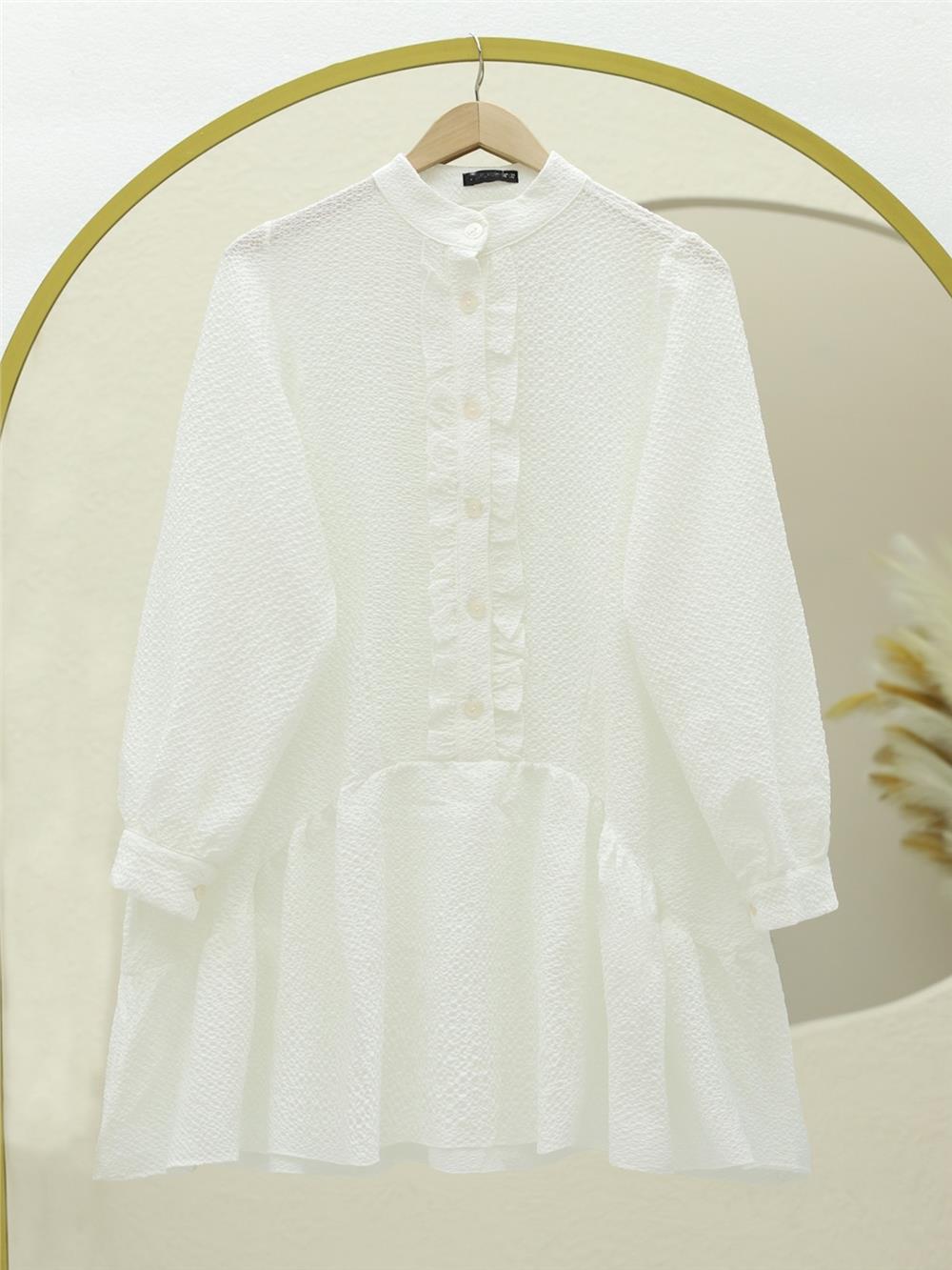 Front Buttoned Seersucker Tunic with Frilly Skirt -White-111-20976-R02