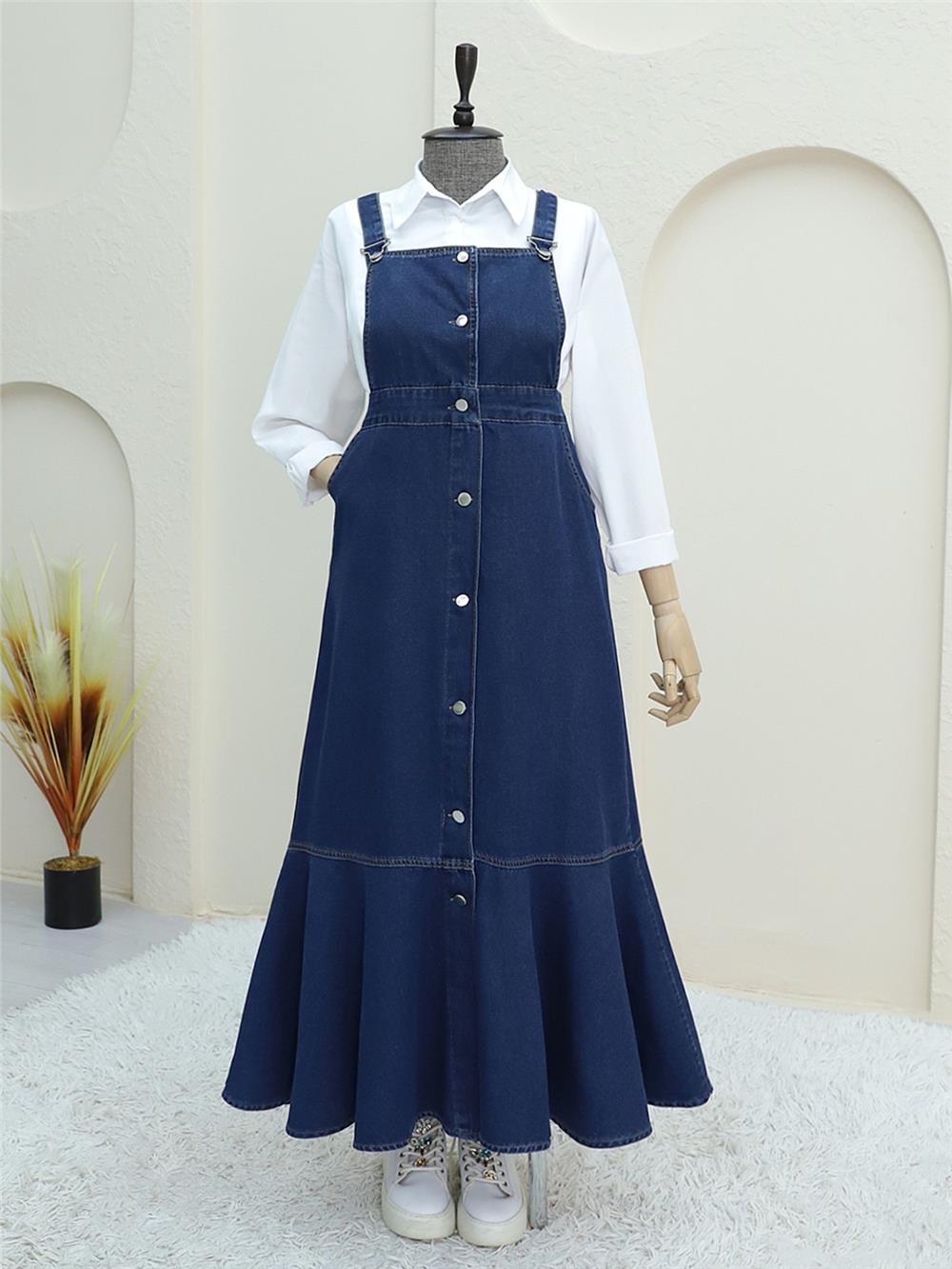 Önden Düğmeli Yan Cepli Eteği Fırfırlı Kot Jile  -Laci-197-563-R03