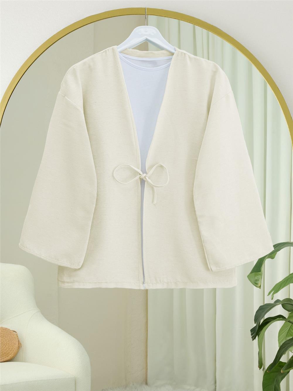 Önü Bağcıklı Keten Kimono  -Ekru-253-13051-R07
