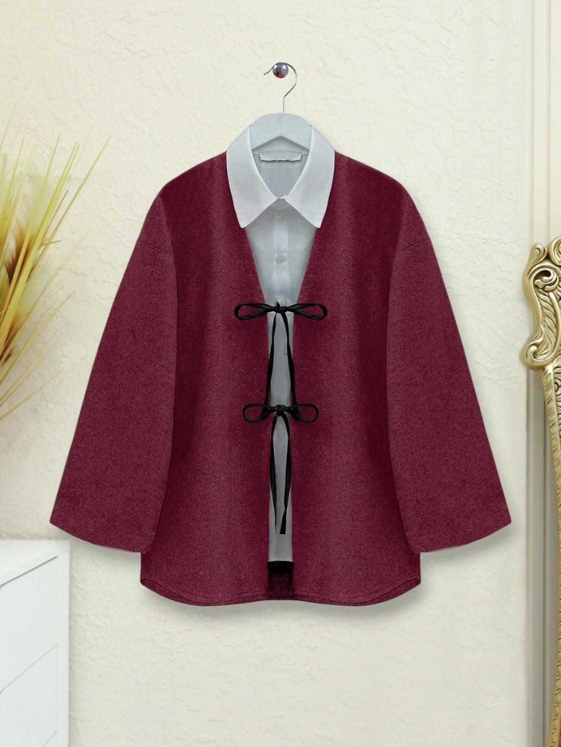 Önü Bağcıklı Oval Kesim Kaşe Kimono   -Bordo