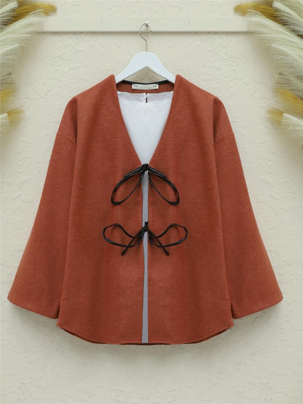 Önü Bağcıklı Oval Kesim Kaşe Kimono    -Kiremit-346-3047-R30
