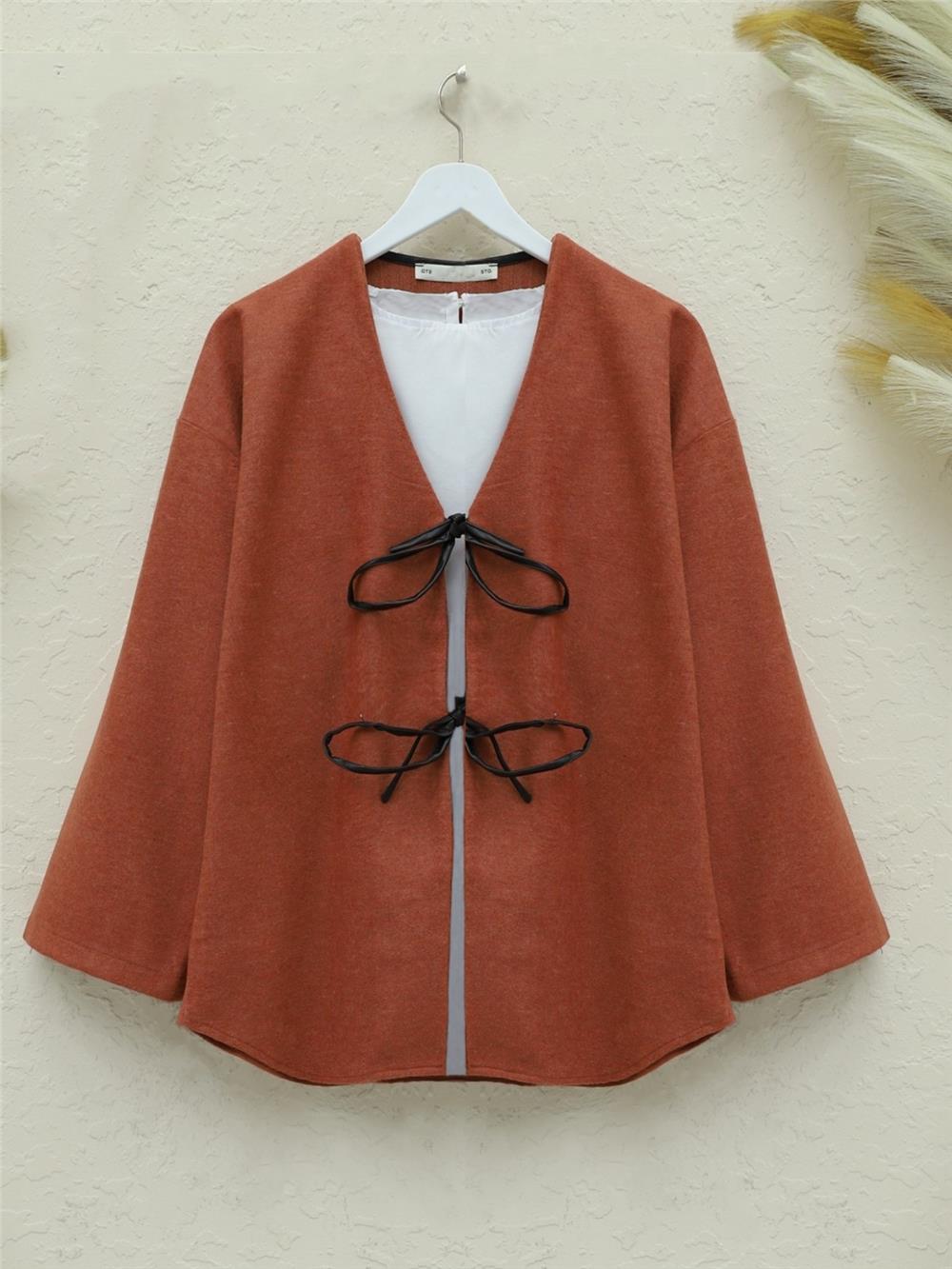 Önü Bağcıklı Oval Kesim Kaşe Kimono    -Kiremit-346-3047-R30