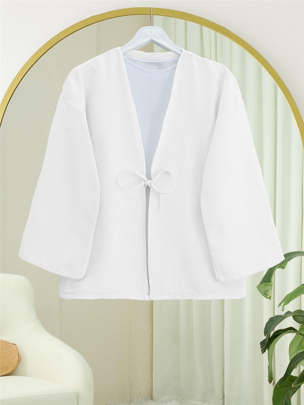 Önü Bağcıklı Poplin Kimono -Beyaz-253-13051-R02