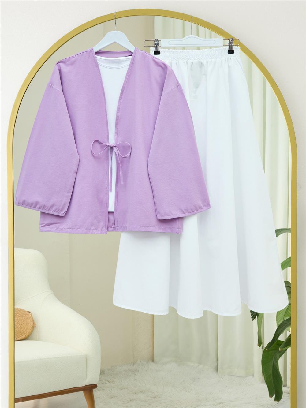 Önü Bağcıklı Poplin Kimono -Lila-253-13051-R42