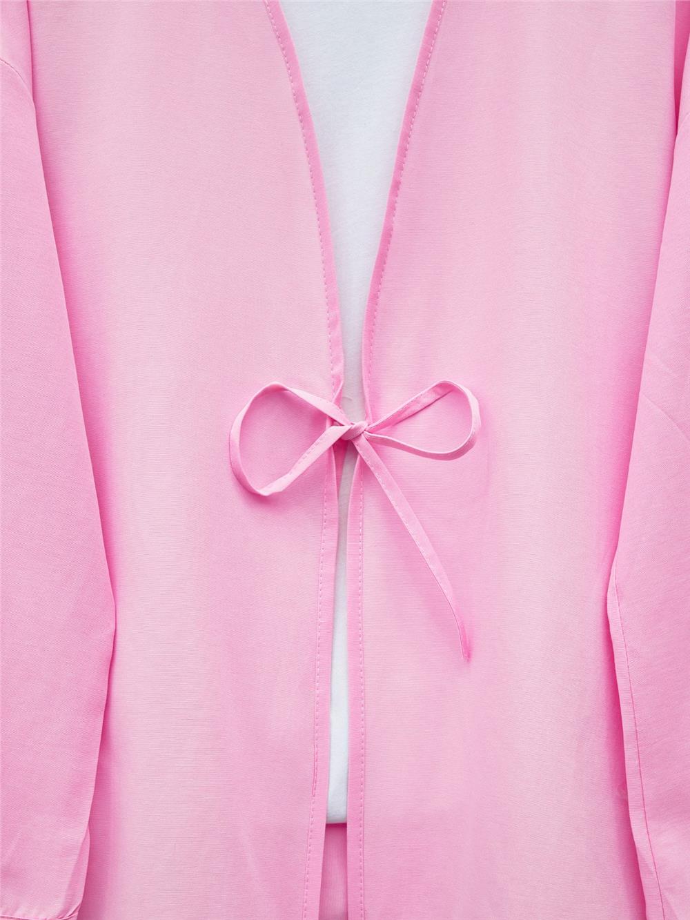 Önü Bağcıklı Poplin Kimono -Pembe-253-13051-R20
