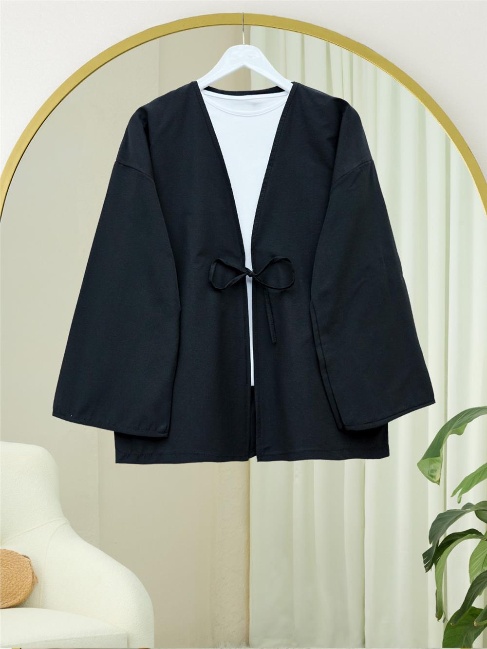 Önü Bağcıklı Poplin Kimono -Siyah-253-13051-R01
