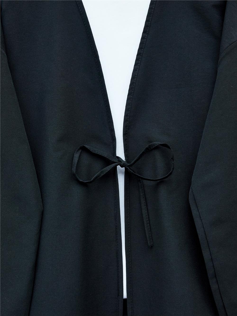 Önü Bağcıklı Poplin Kimono -Siyah-253-13051-R01