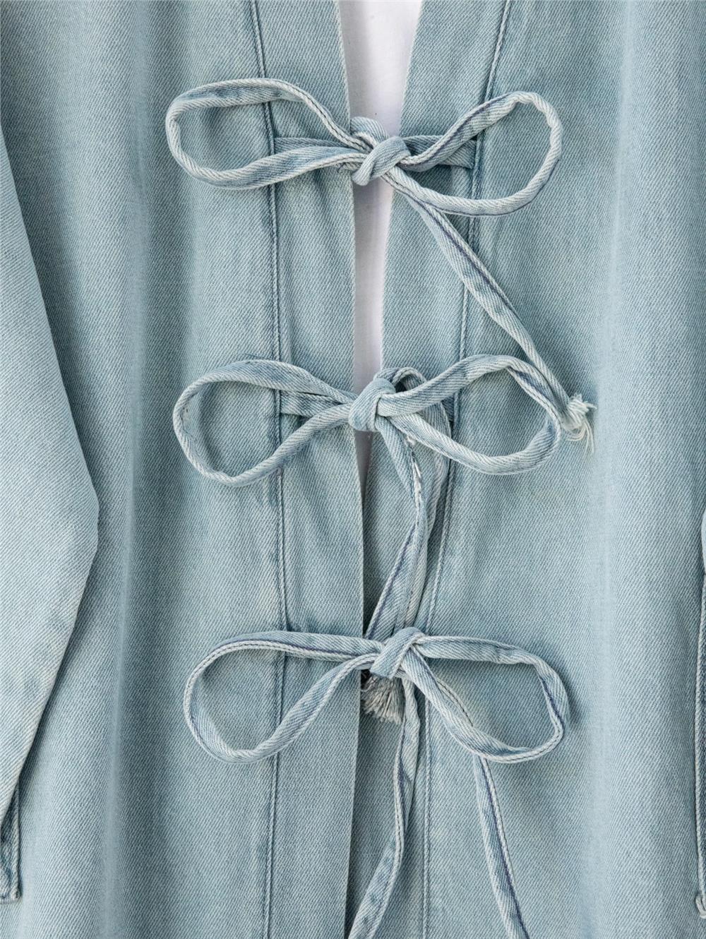 Önü Bağlamalı Cepli Pantolonlu Kot Kimono Takım   -Açık Mavi-417-17782-R25