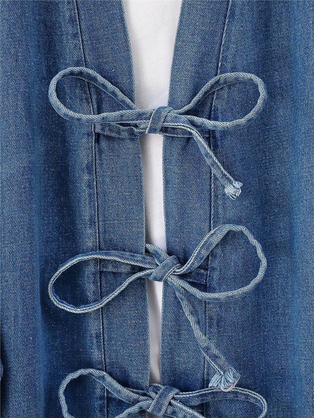 Önü Bağlamalı Cepli Pantolonlu Kot Kimono Takım   -Koyu Mavi-417-17782-R26