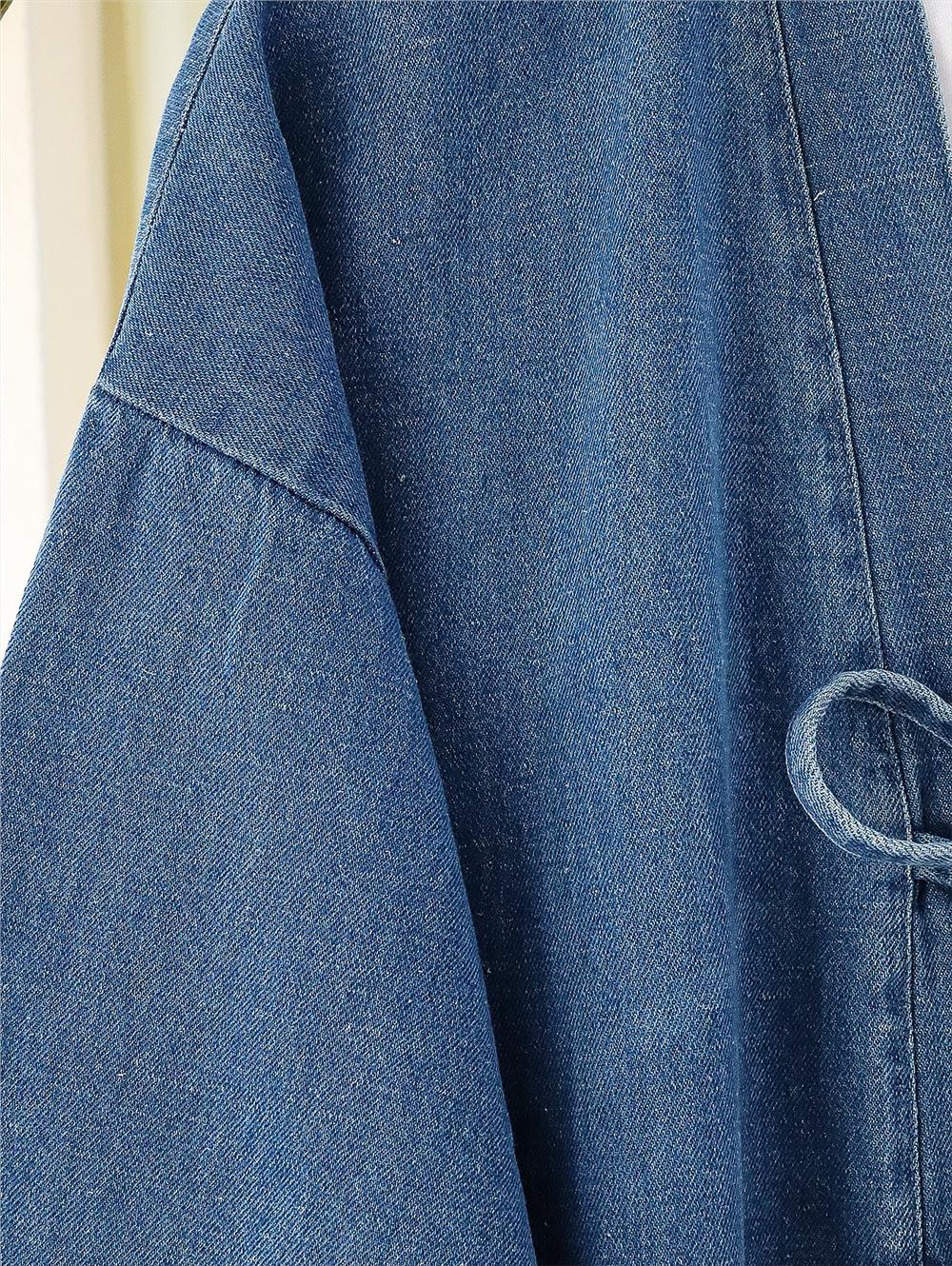 Önü Bağlamalı Cepli Pantolonlu Kot Kimono Takım   -Koyu Mavi-417-17782-R26
