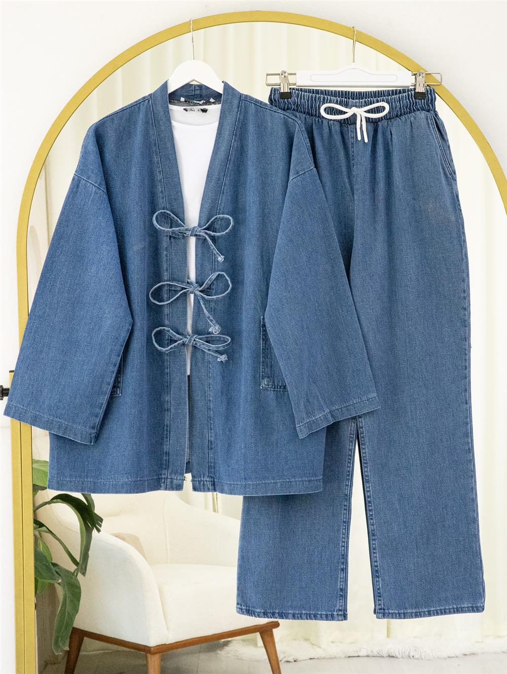 Önü Bağlamalı Cepli Pantolonlu Kot Kimono Takım   -Koyu Mavi-417-17782-R26