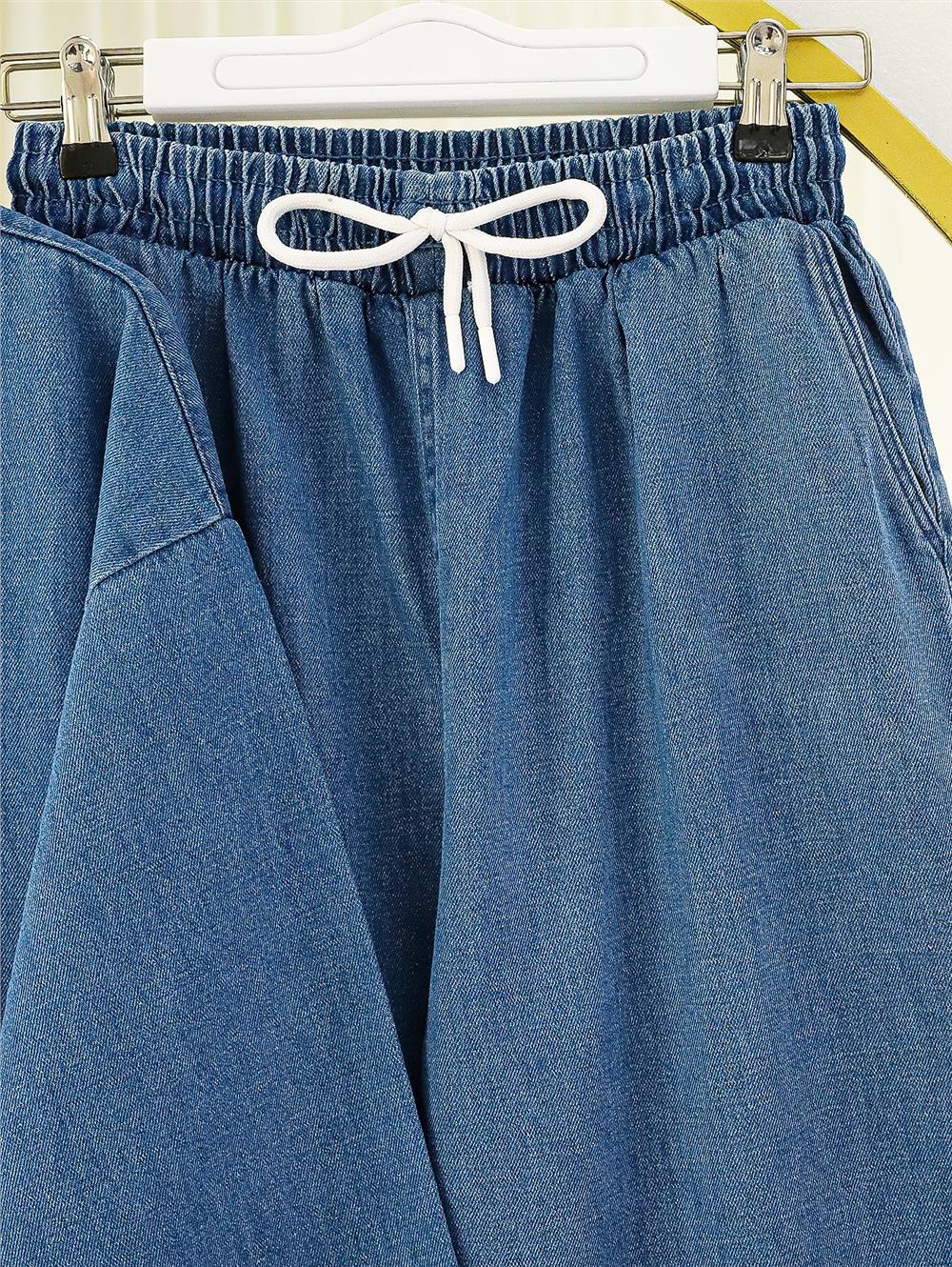 Önü Bağlamalı Cepli Pantolonlu Kot Kimono Takım   -Koyu Mavi-417-17782-R26