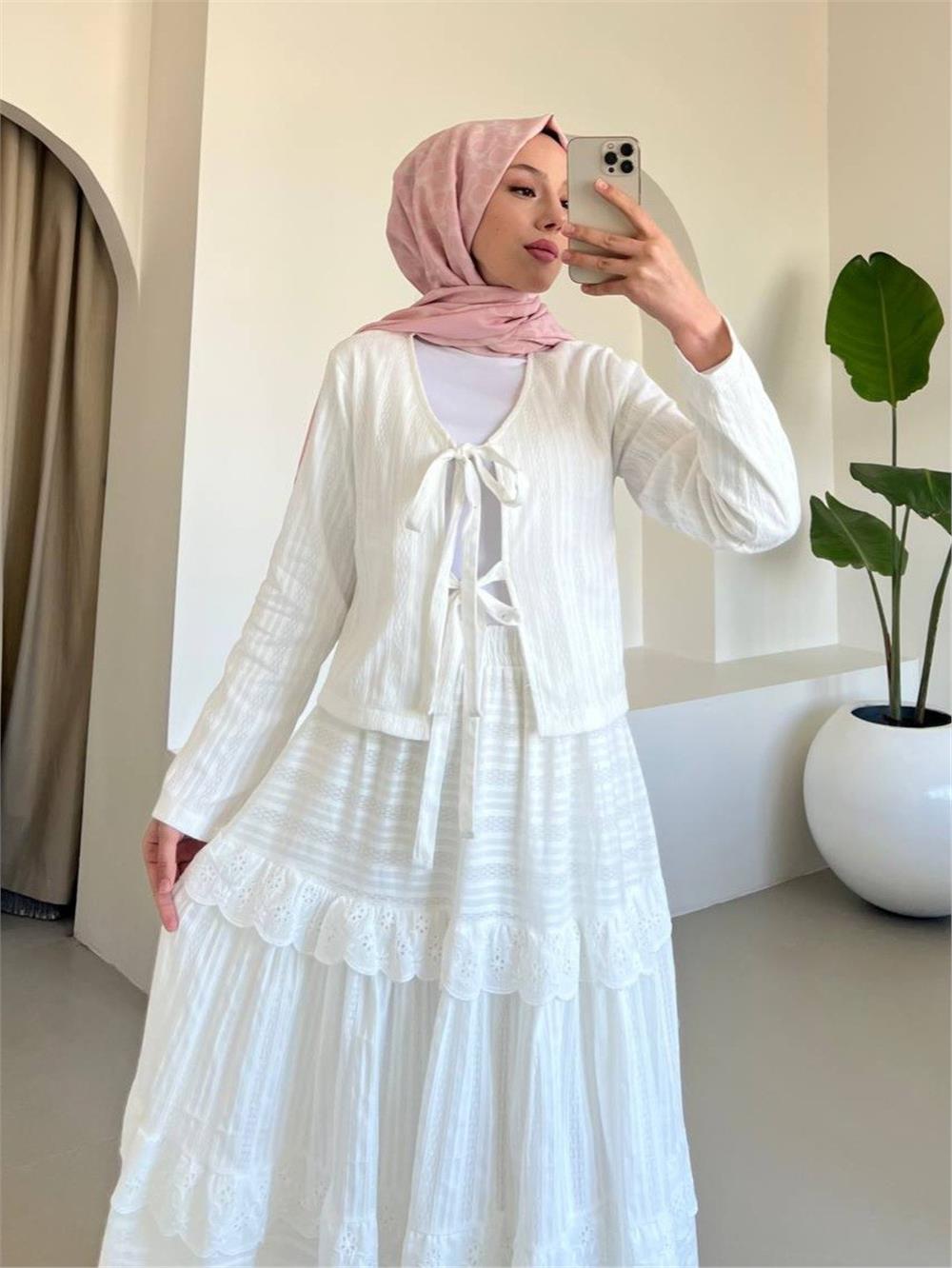 Önü Bağlamalı Fistolu Etekli Takım -Beyaz-144-3012-R02