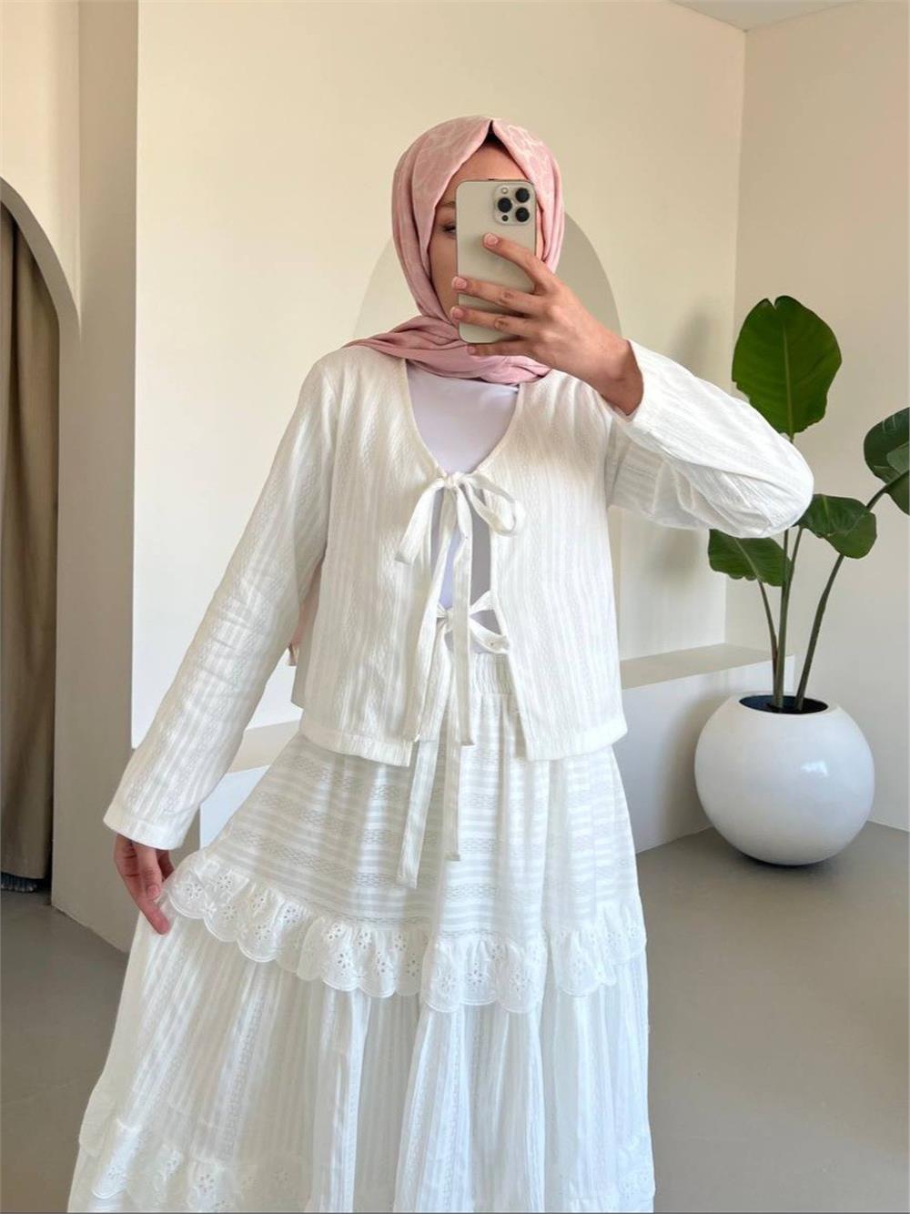 Önü Bağlamalı Fistolu Etekli Takım -Beyaz-144-3012-R02