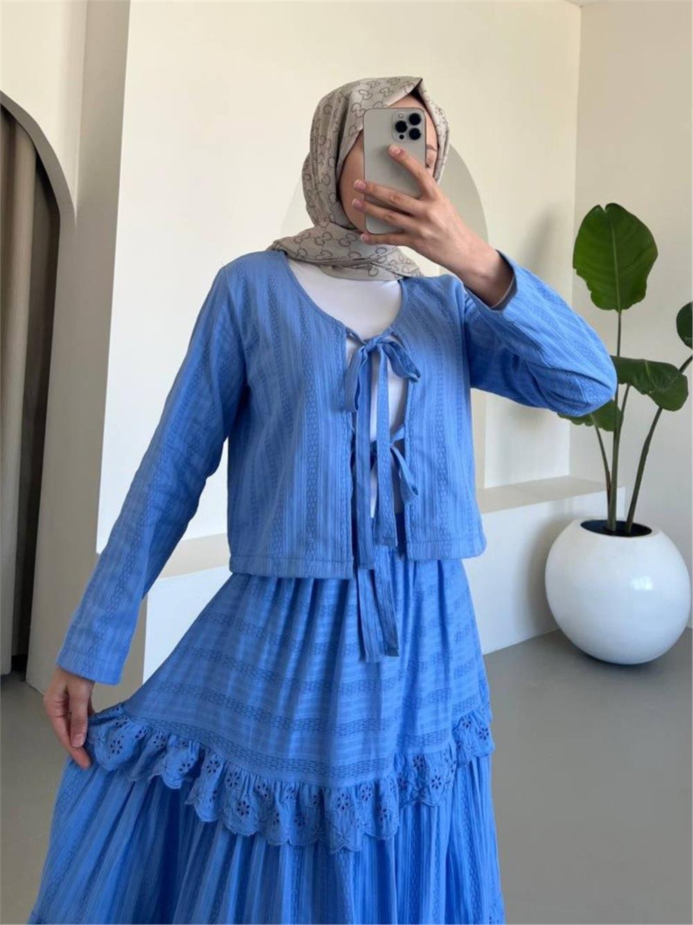 Önü Bağlamalı Fistolu Etekli Takım -Mavi-144-3012-R31